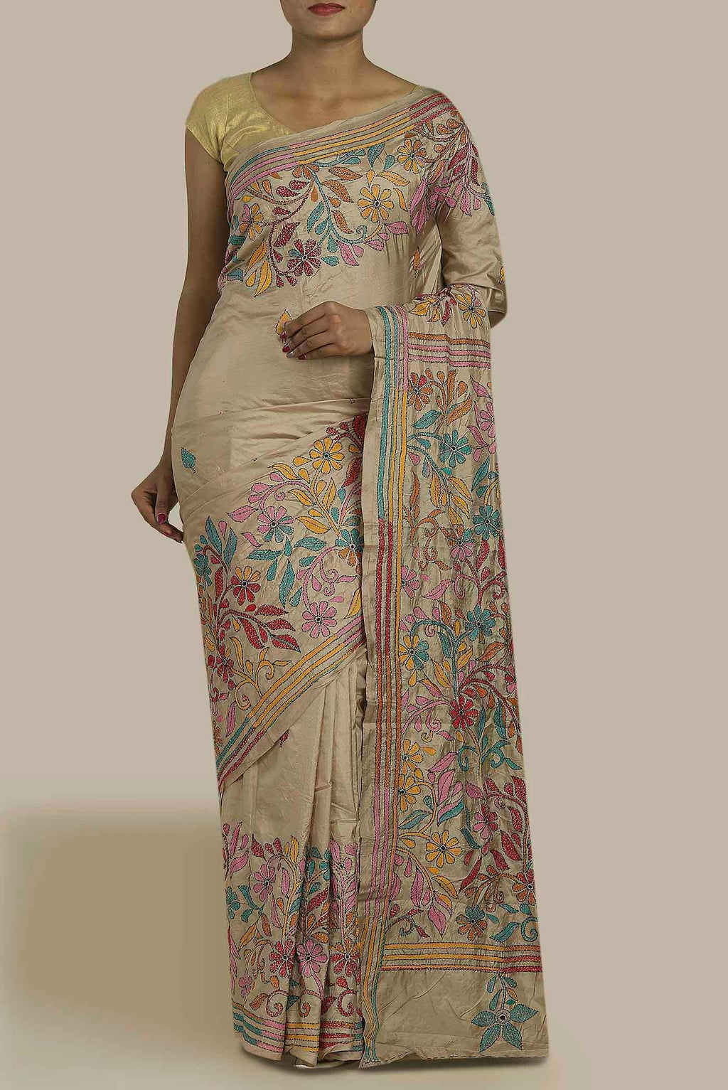 Beige Tussar Silk Saree