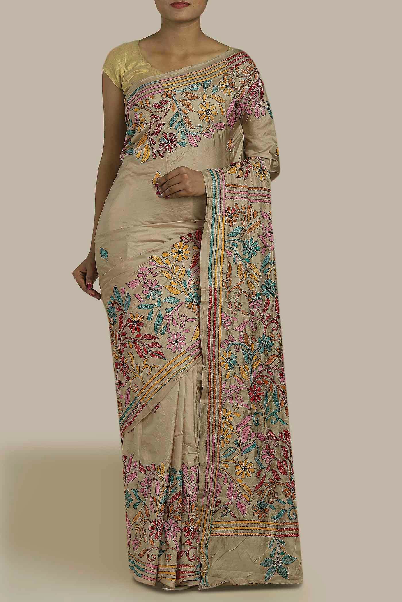 Beige Tussar Silk Saree