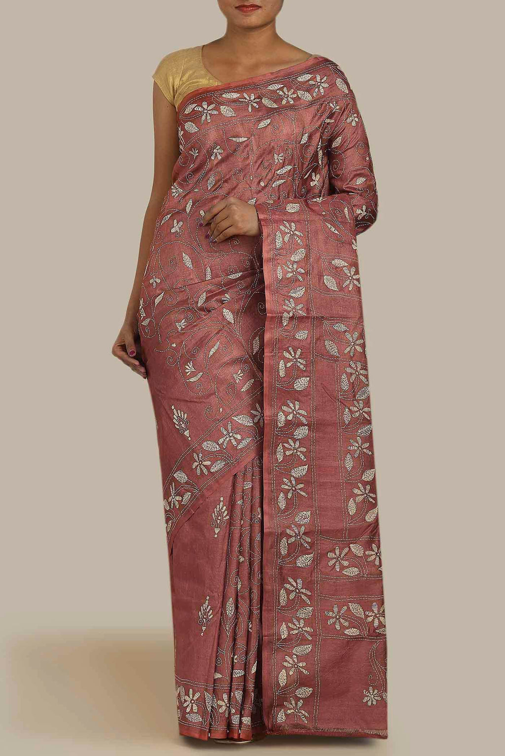 Coral Tussar Silk Saree