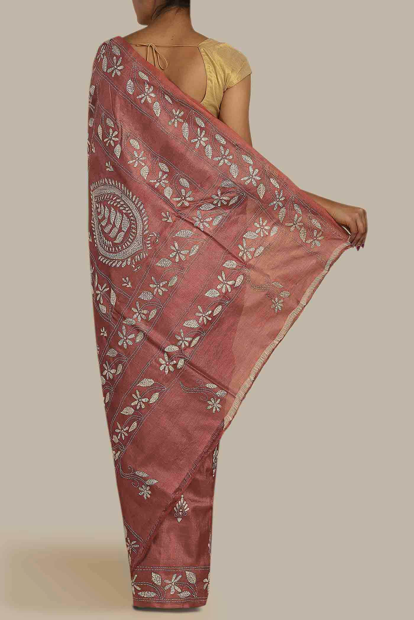 Coral Tussar Silk Saree