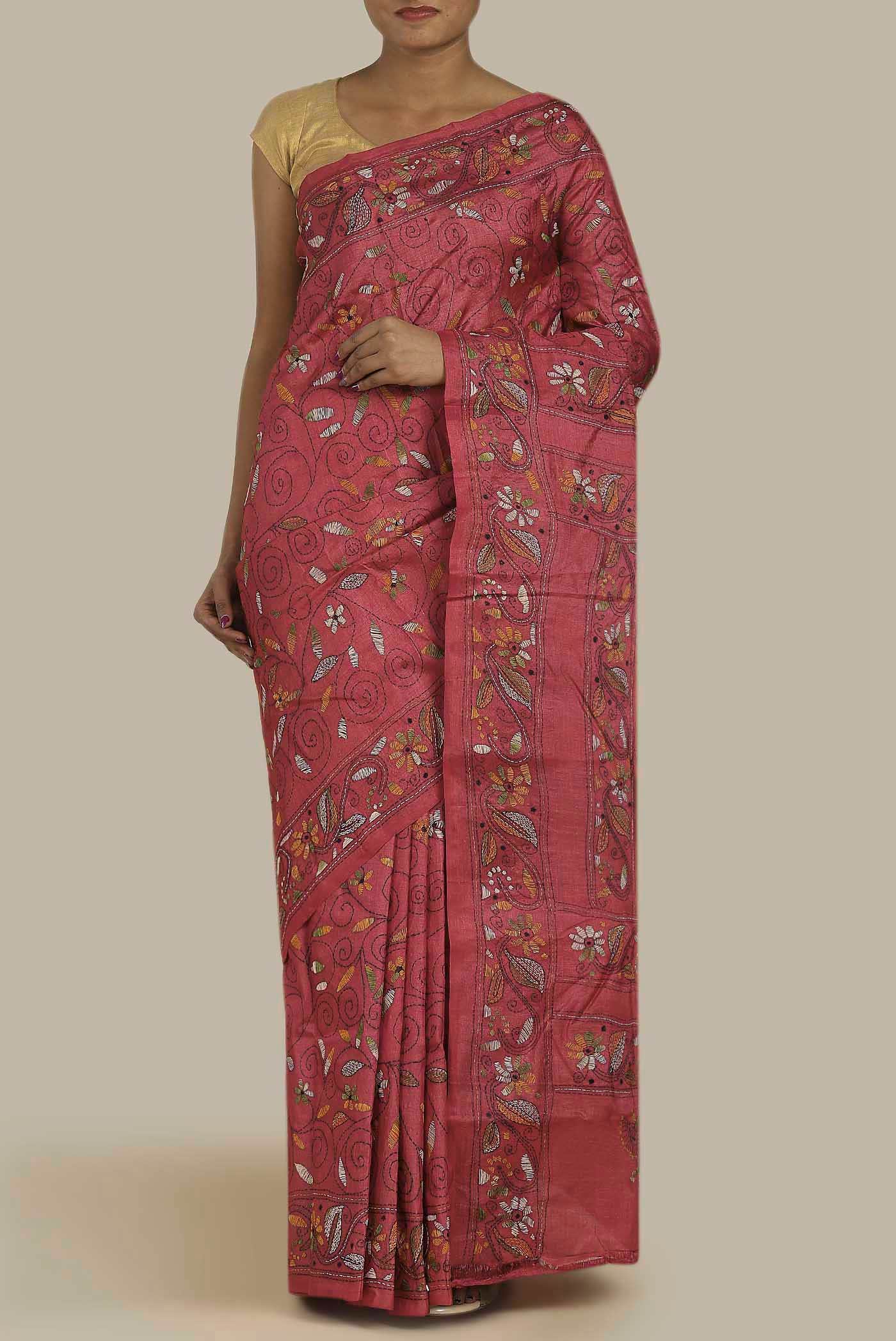 Coral Tussar Silk Saree