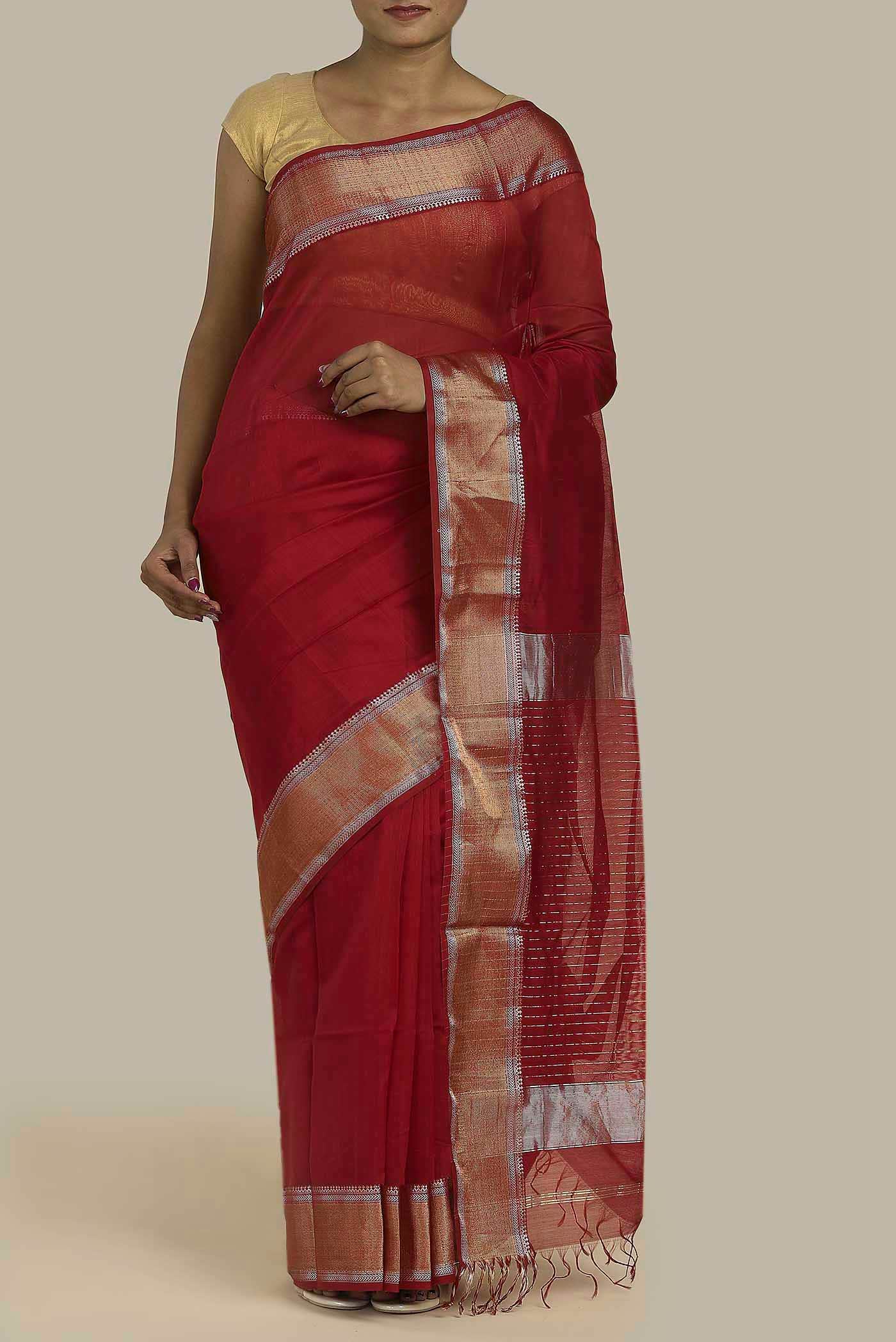 Red Maheshwari Silk Cotton Saree