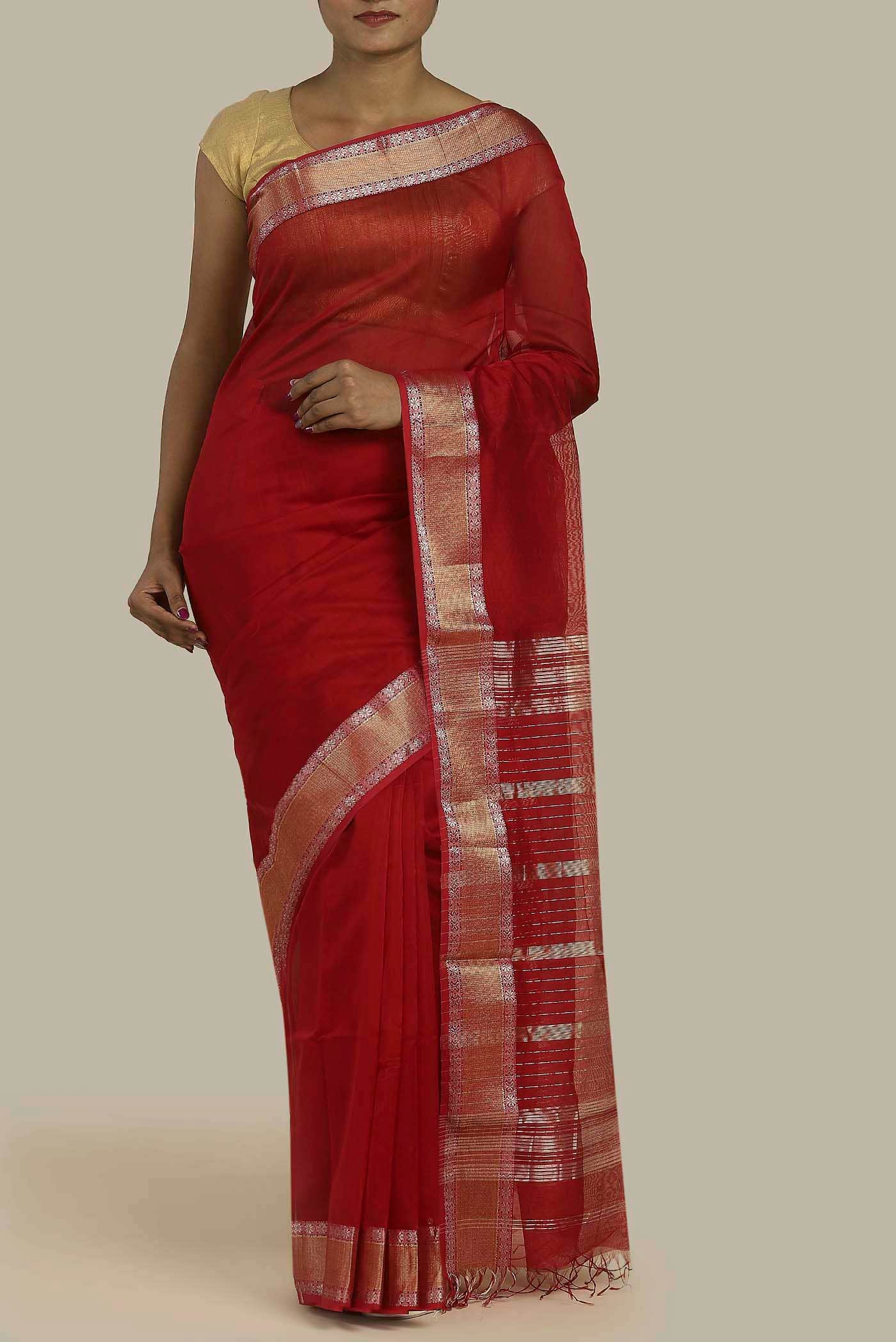 Red Maheshwari Silk Cotton Saree