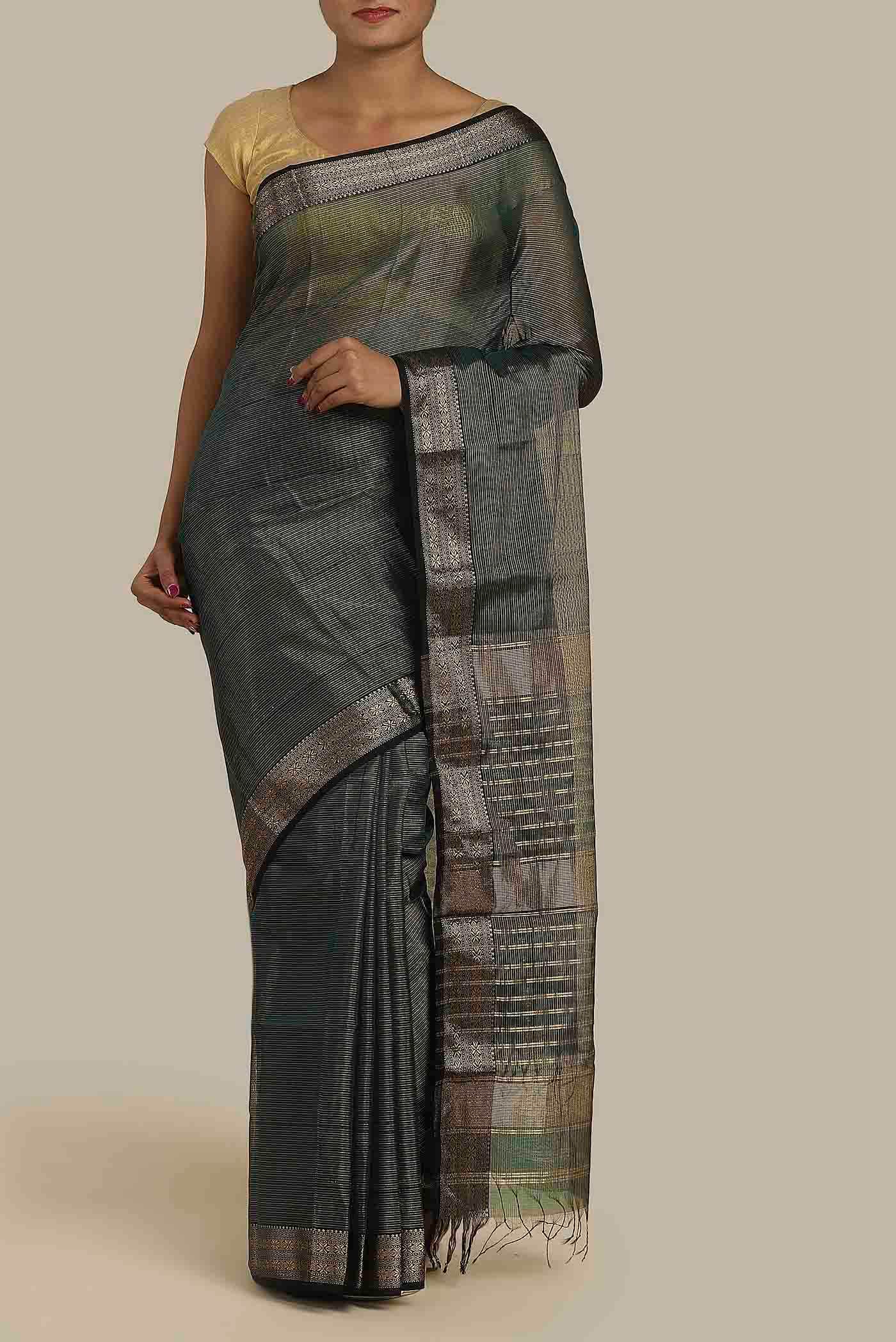 Bottle Green Maheshwari Silk Cotton Saree