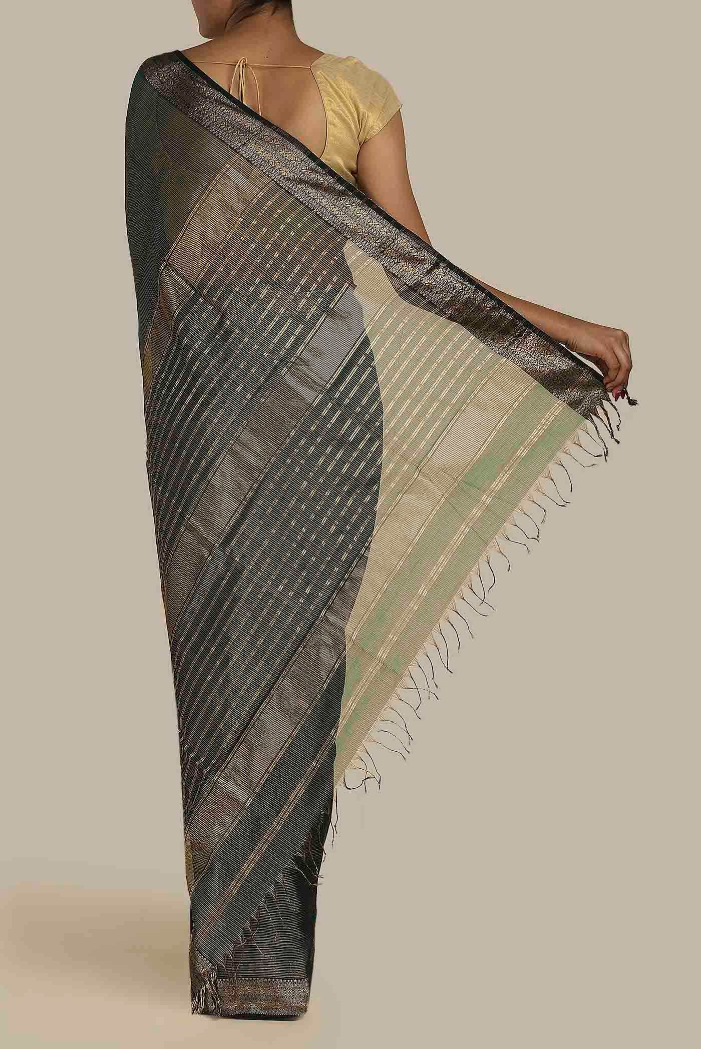Bottle Green Maheshwari Silk Cotton Saree