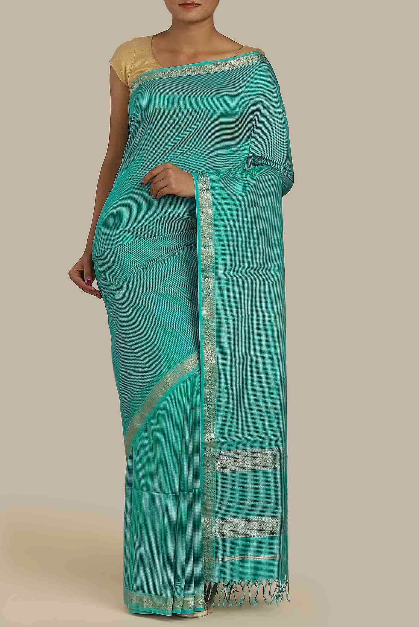 Turquoise Maheshwari Silk Cotton Saree