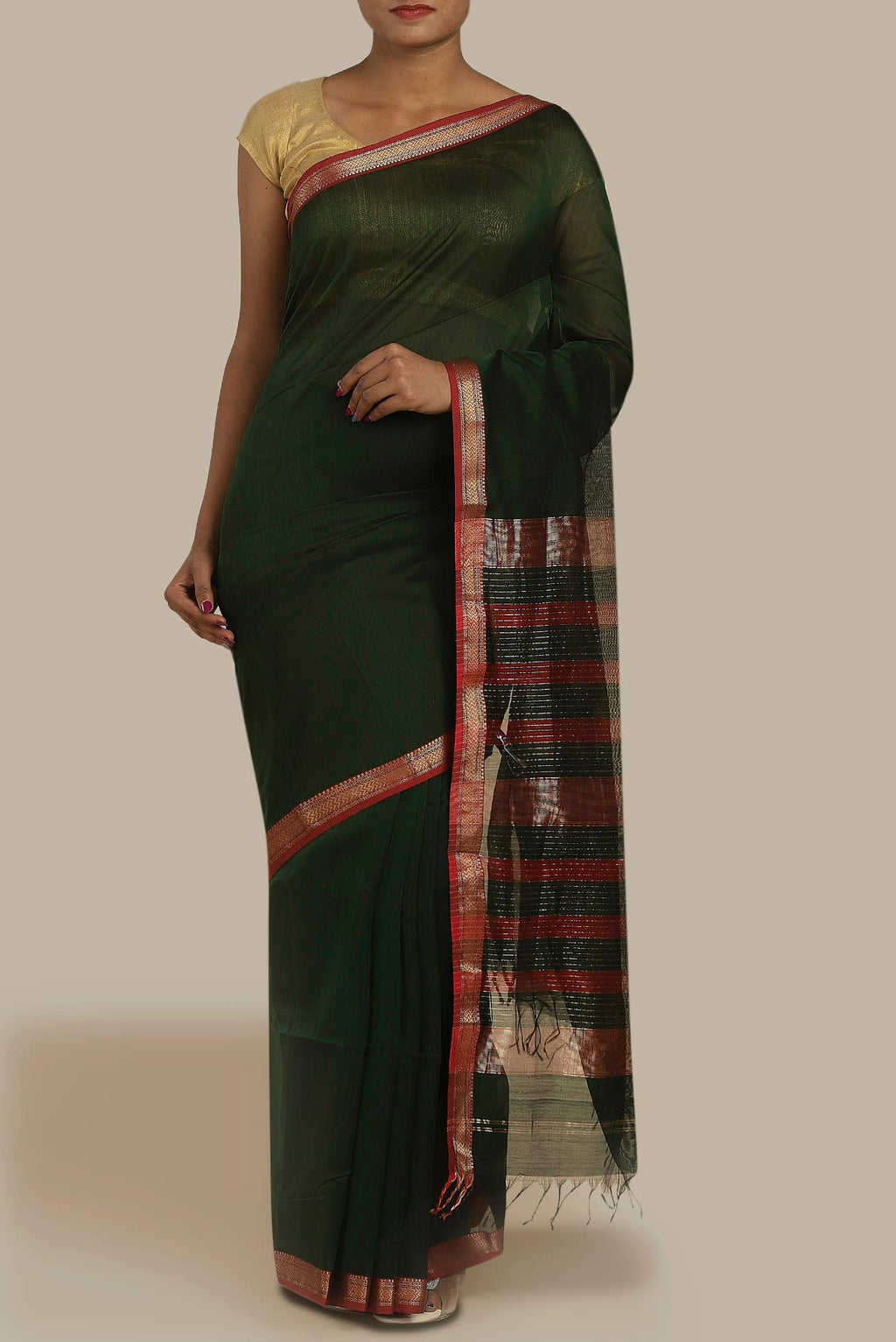 Bottle Green Maheshwari Silk Cotton Saree