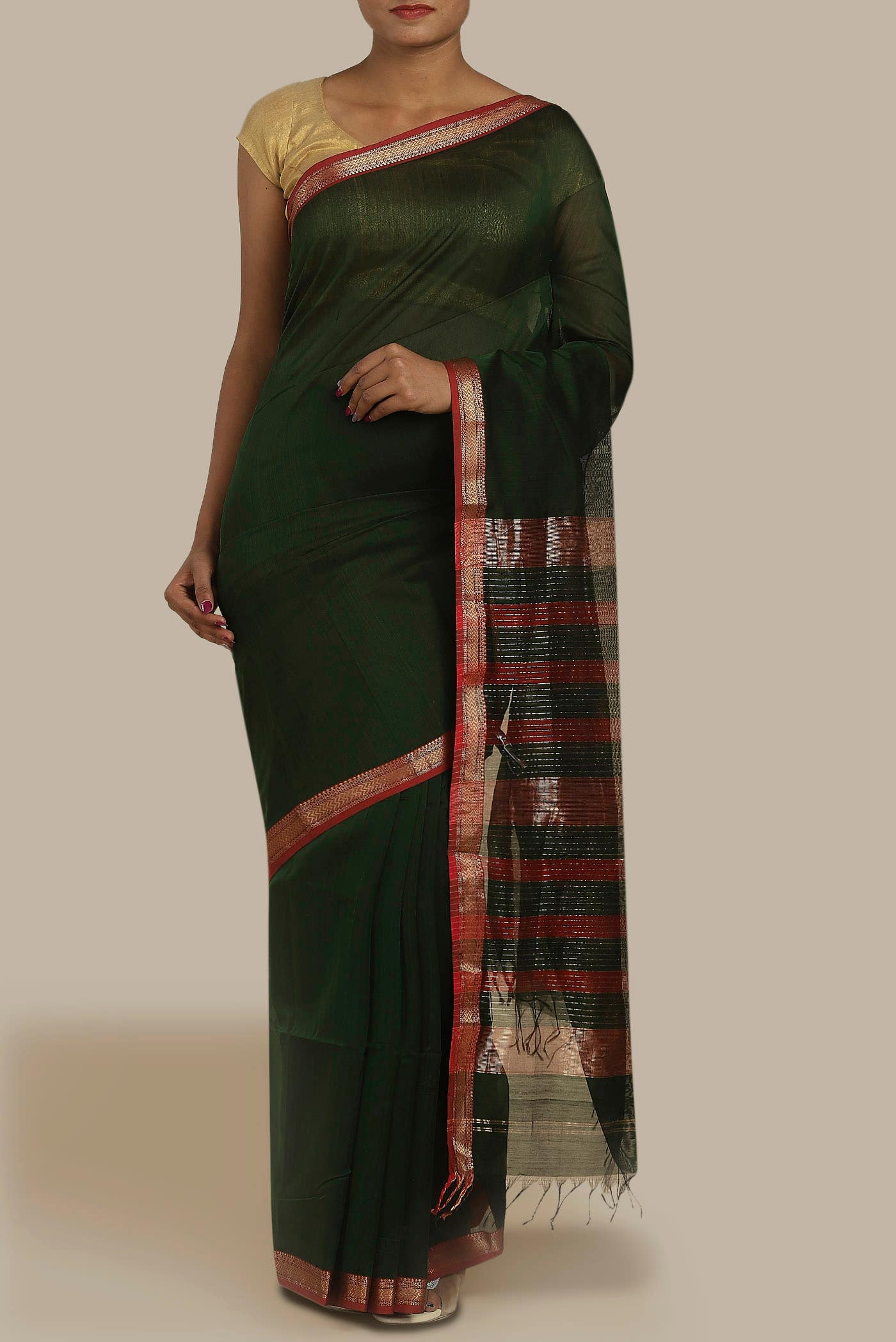 Bottle Green Maheshwari Silk Cotton Saree