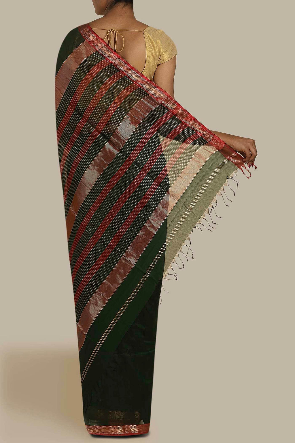 Bottle Green Maheshwari Silk Cotton Saree