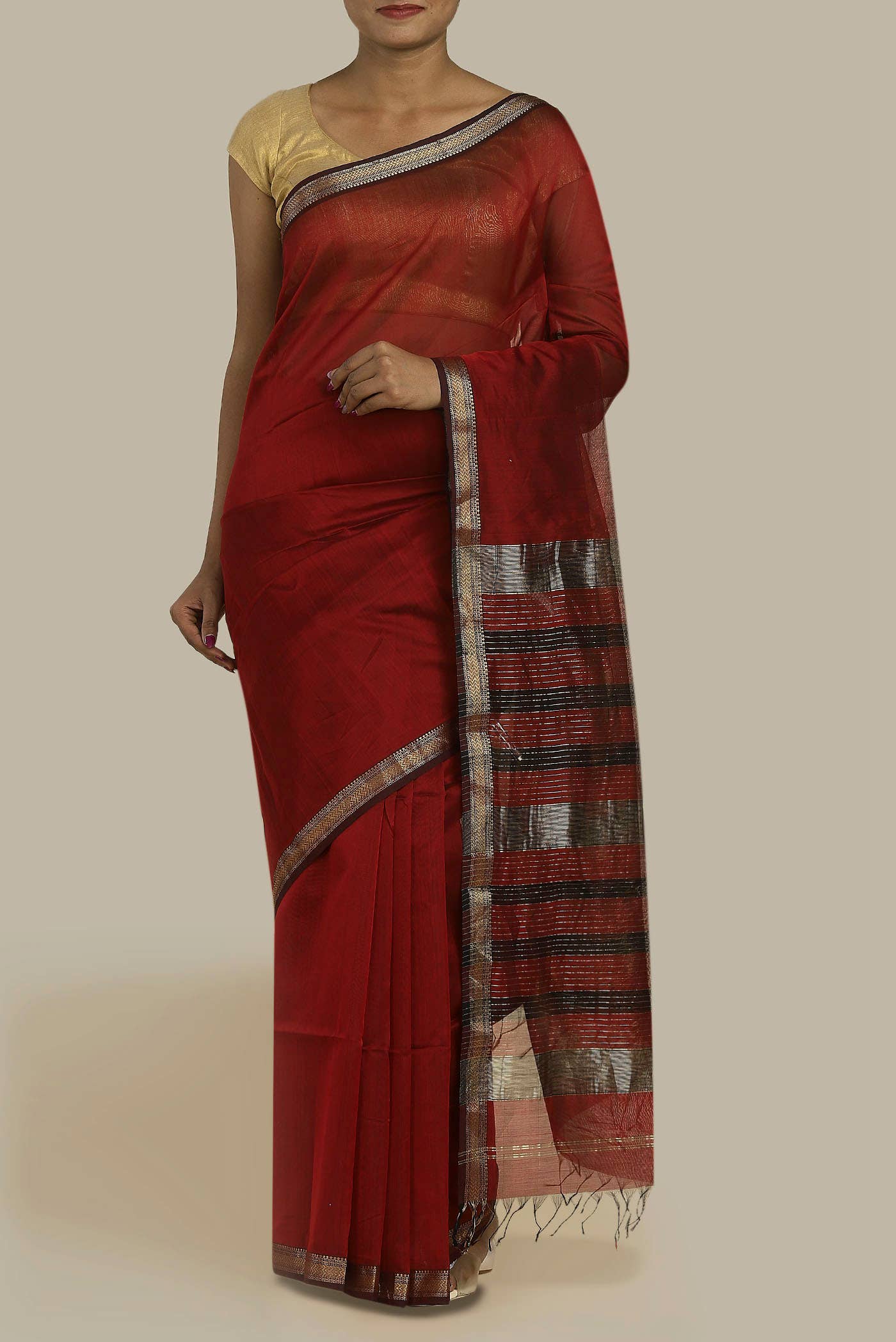 Red Maheshwari Silk Cotton Saree