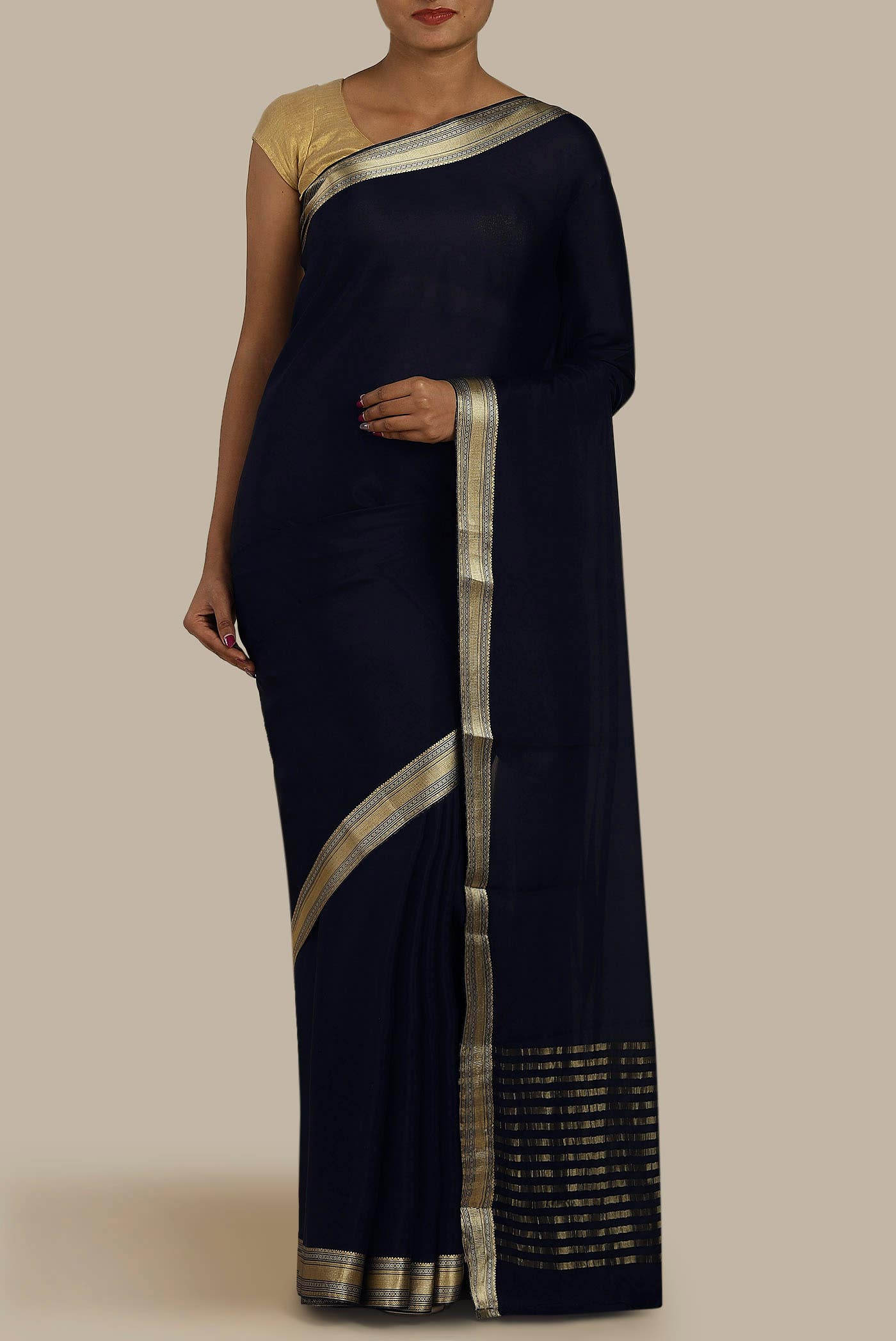 Navy Blue Mysore Crepe Saree