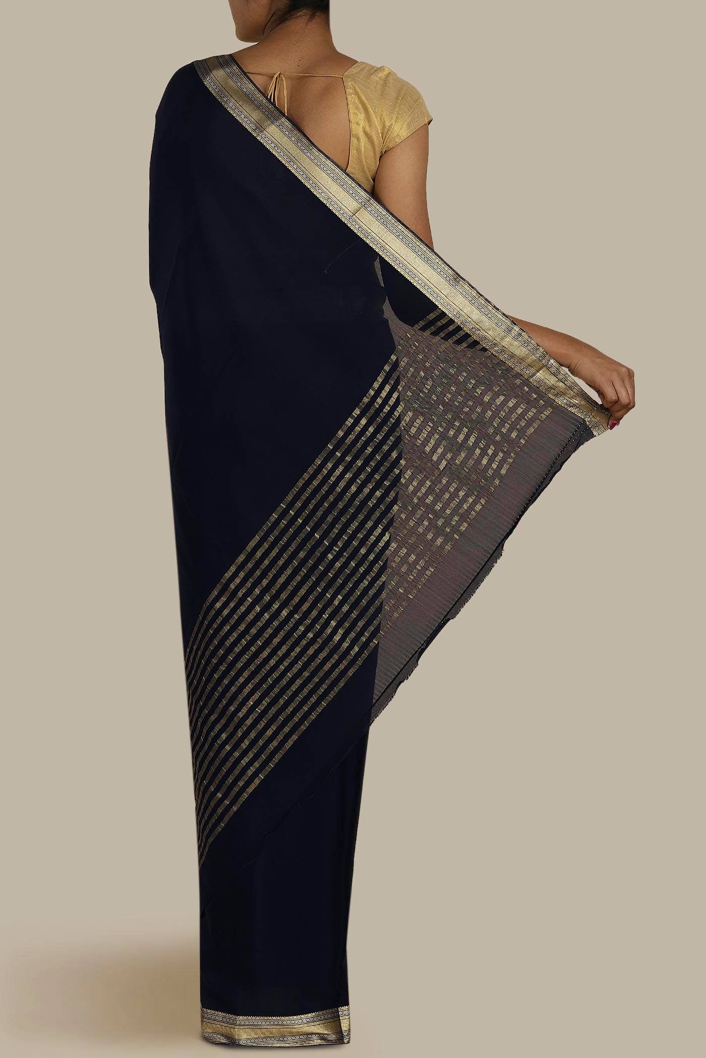 Navy Blue Mysore Crepe Saree