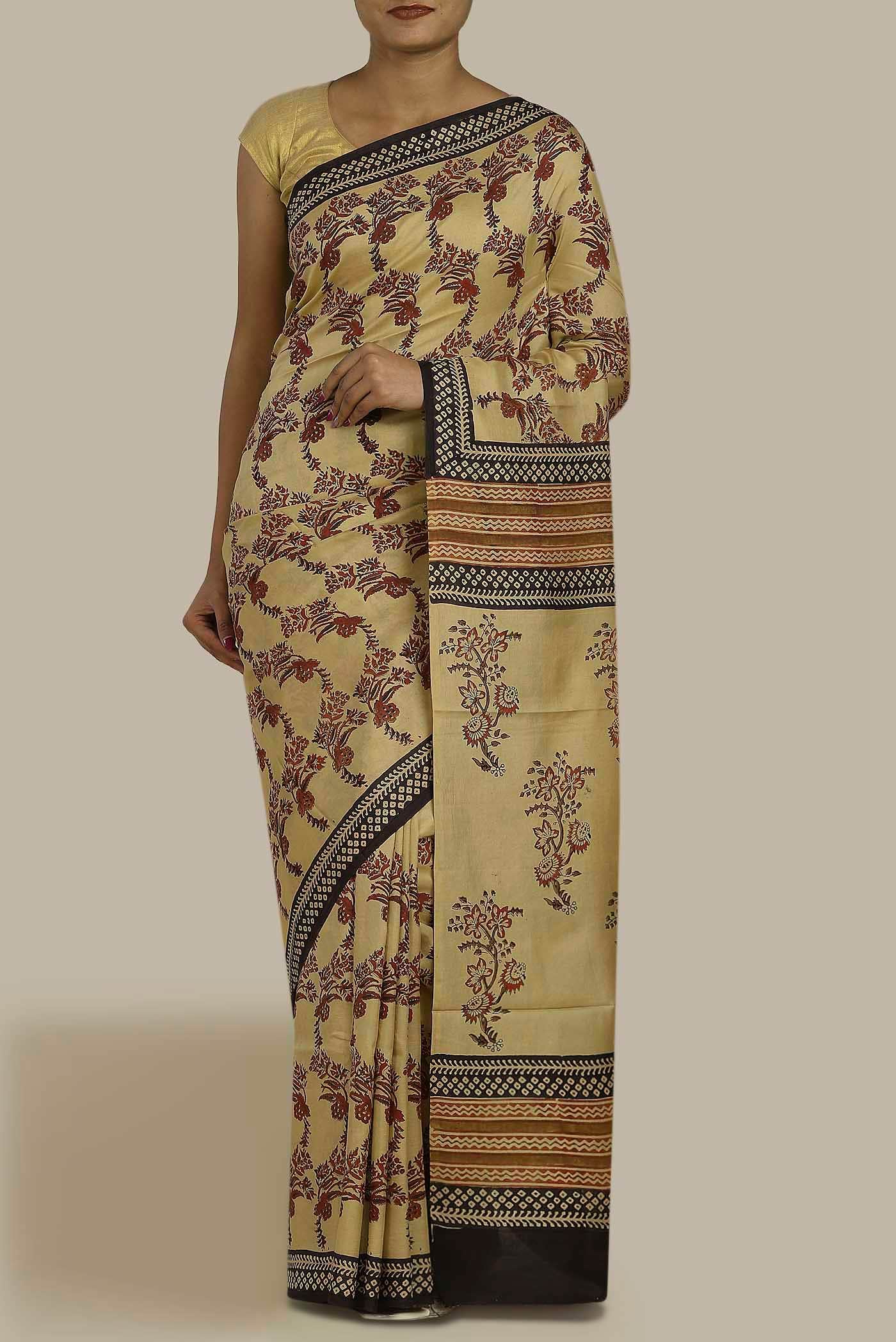 Beige Printed Silk Saree
