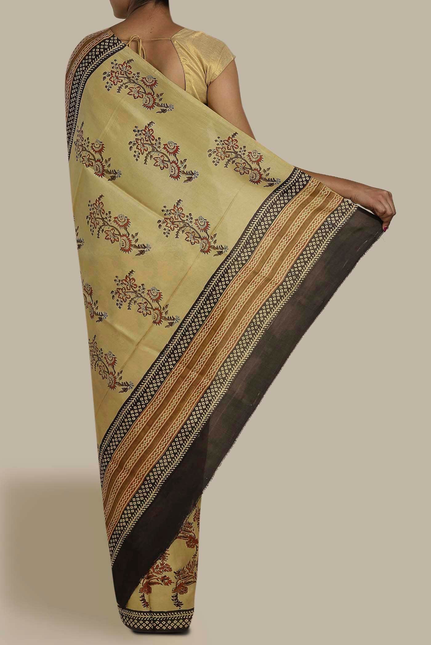 Beige Printed Silk Saree