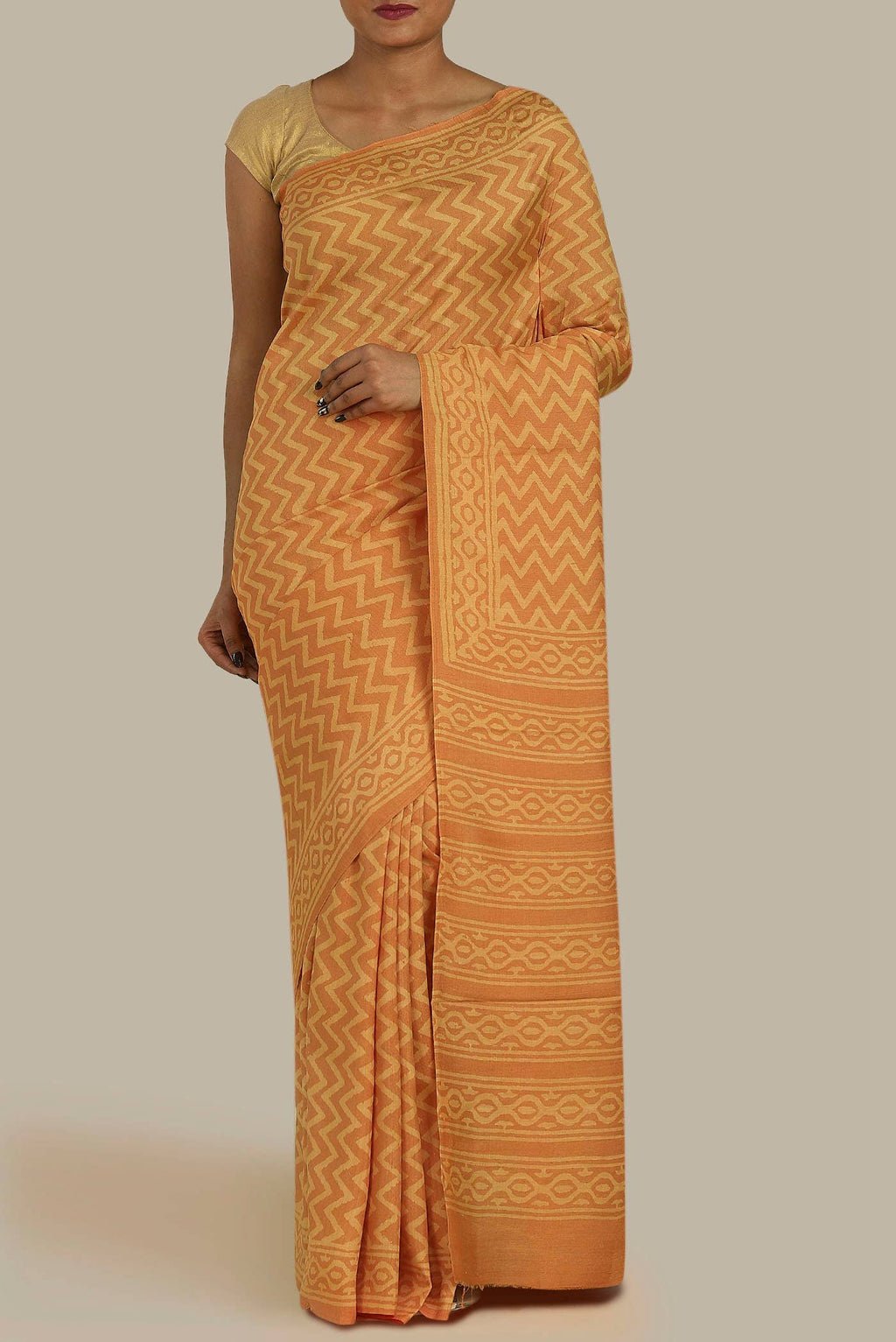 Orange Printed Silk Saree
