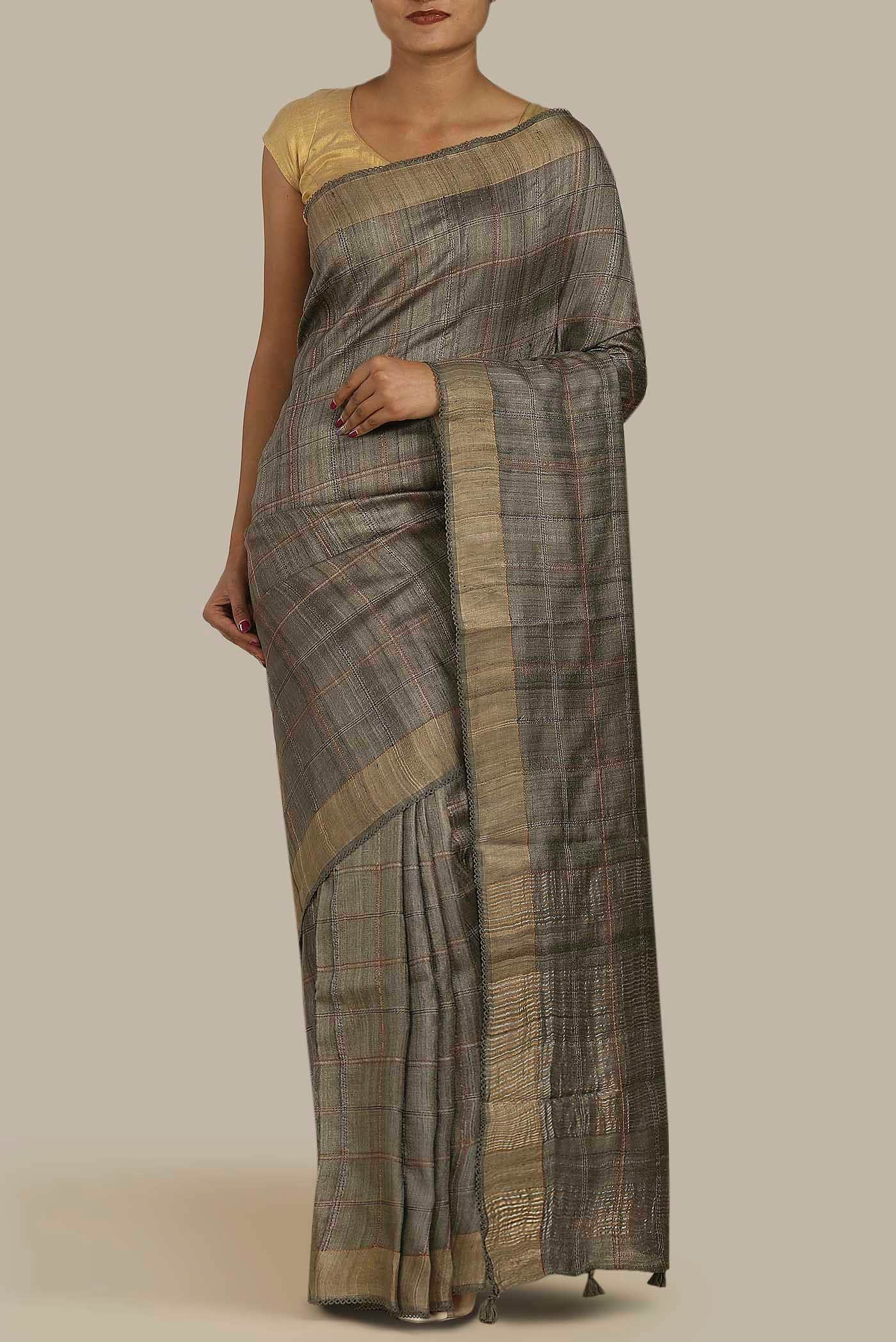 Grey Bhagalpuri Tussar Silk Saree
