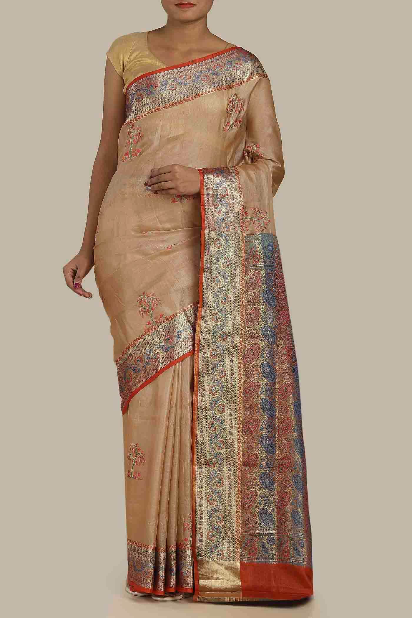Beige Banarasi Tussar Silk Saree