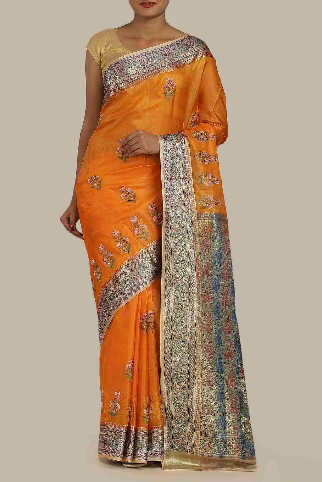 Orange Banarasi Tussar Silk Saree