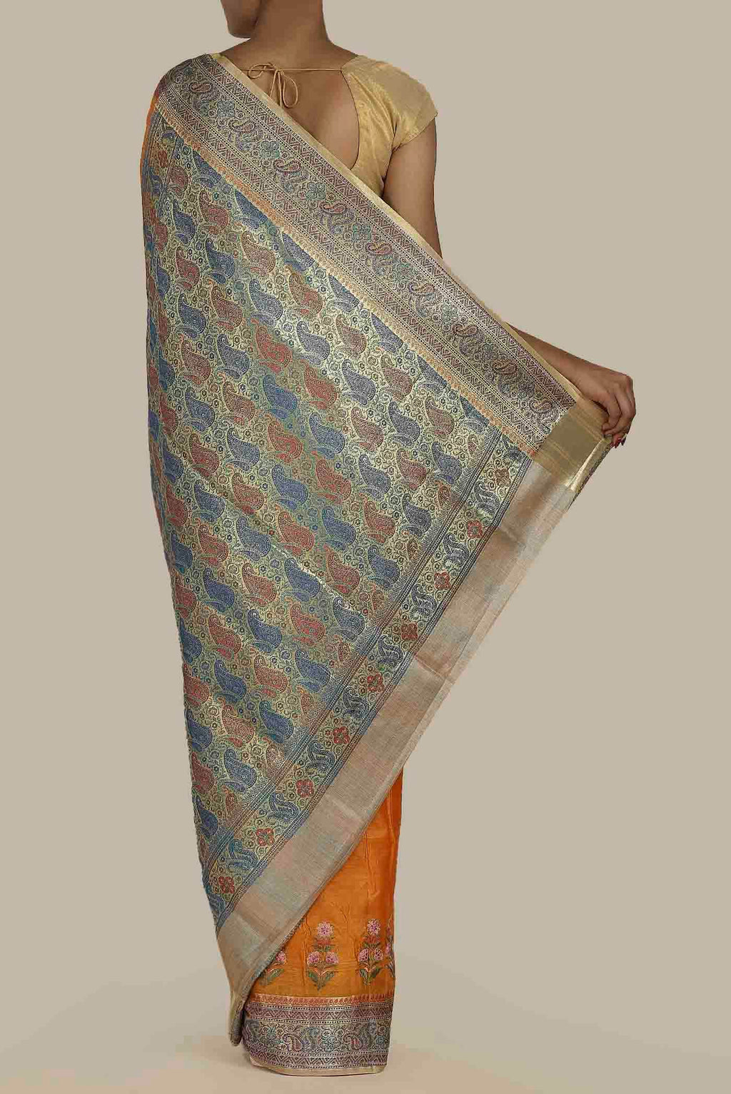 Orange Banarasi Tussar Silk Saree