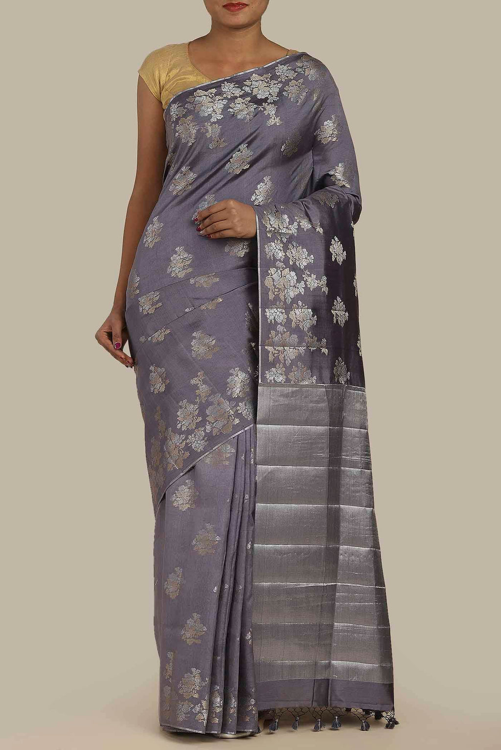 Grey Banarasi Raw Silk Saree