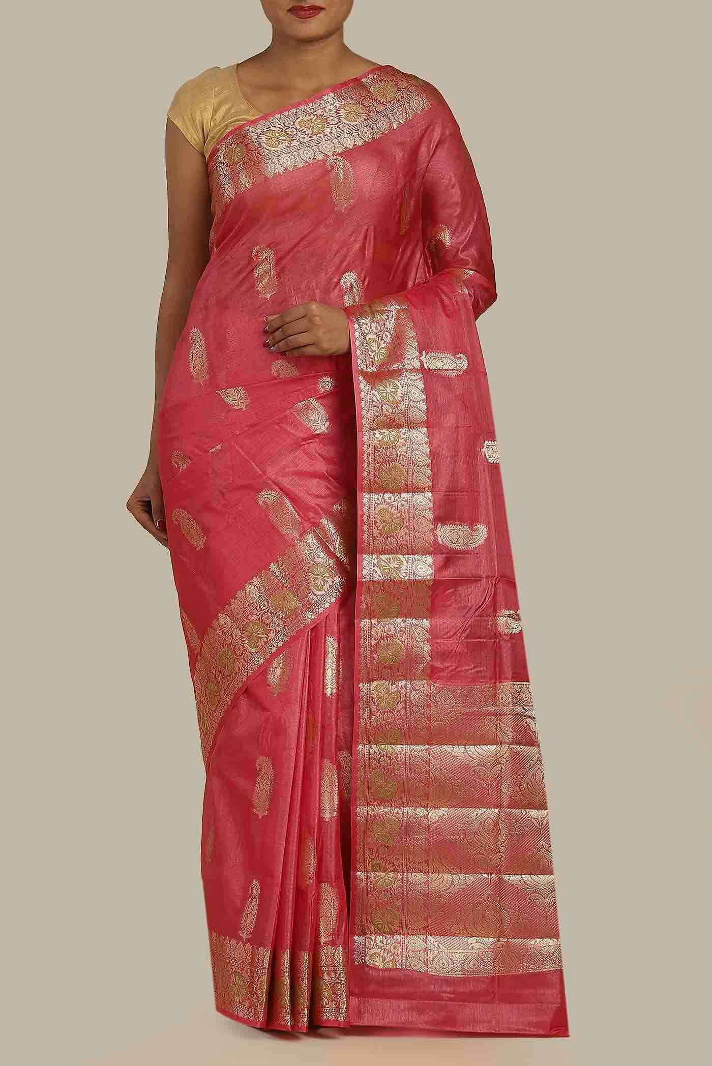 Coral Banarasi Tussar Silk Saree