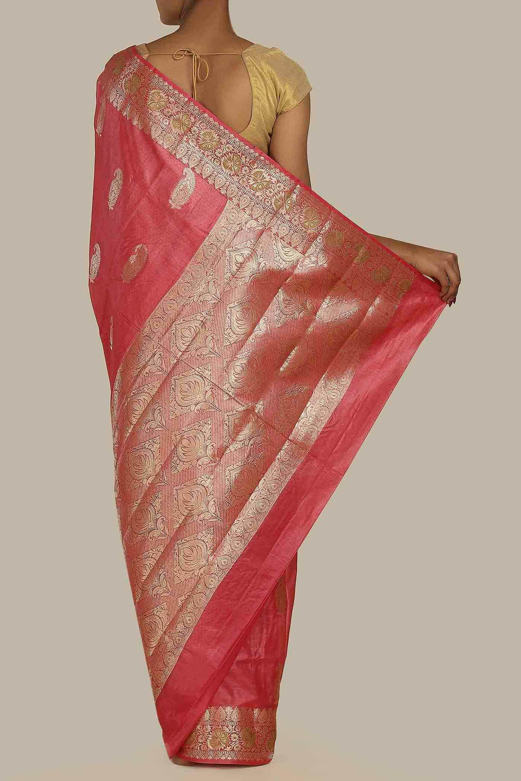 Coral Banarasi Tussar Silk Saree