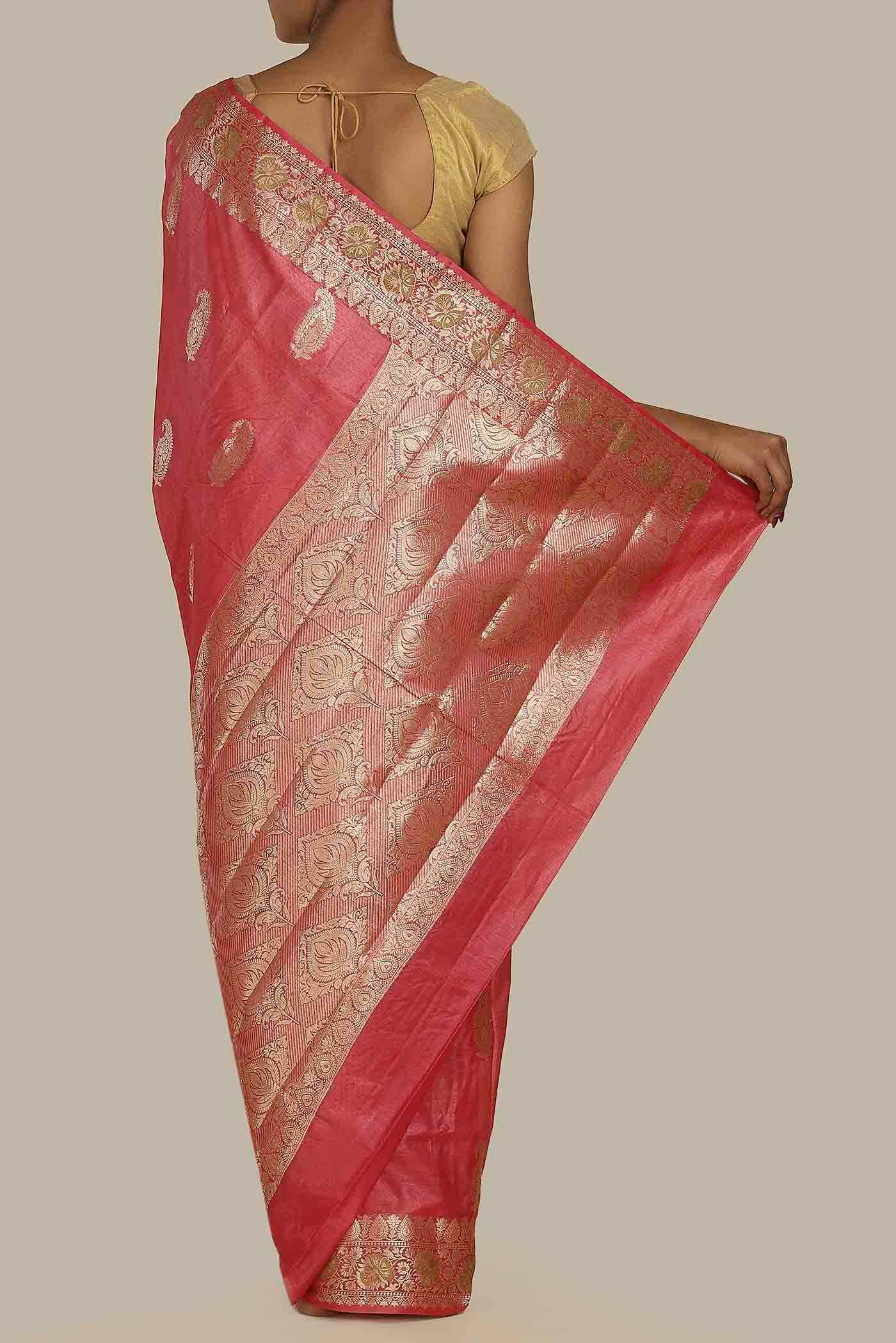 Coral Banarasi Tussar Silk Saree