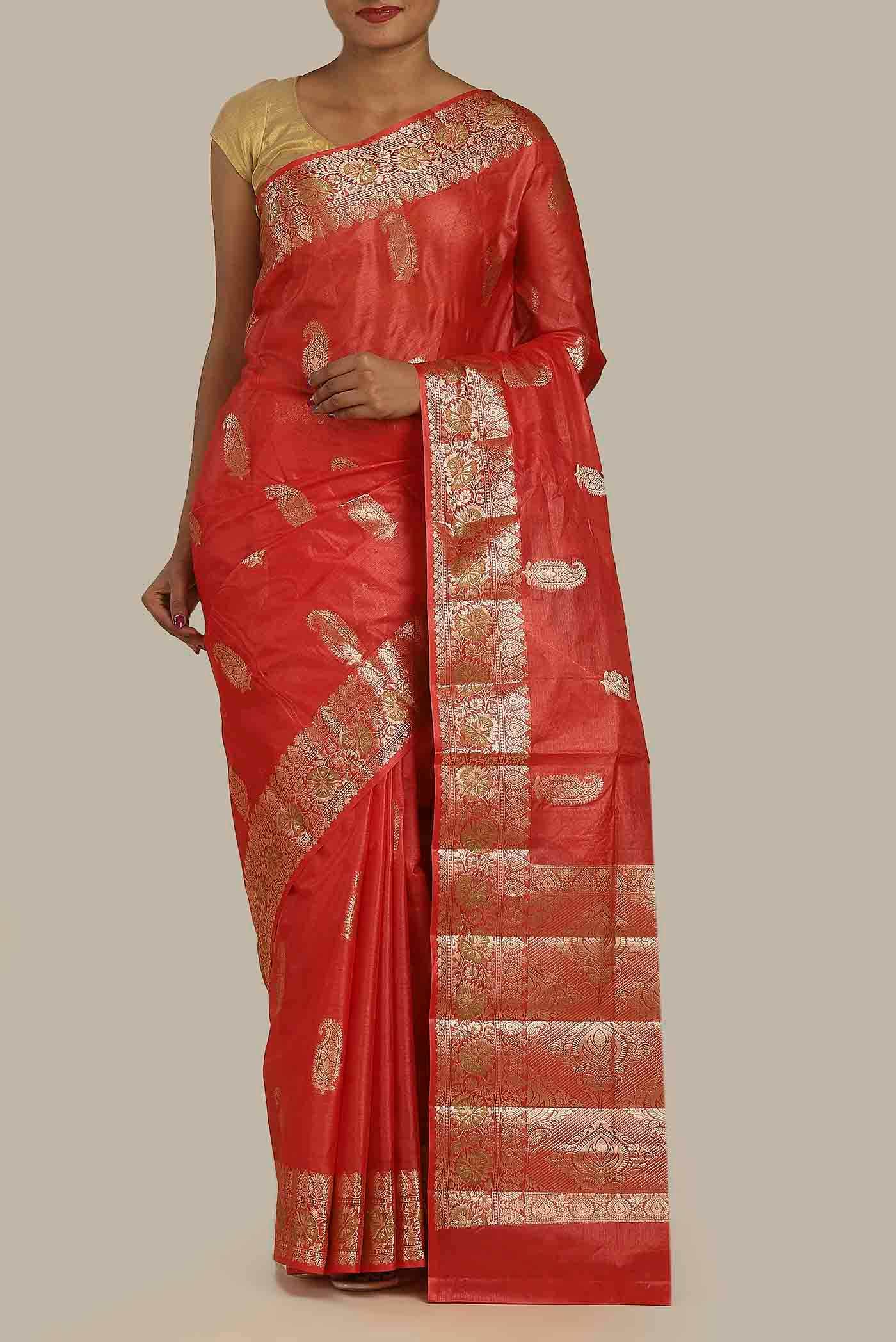 Red Banarasi Tussar Silk Saree