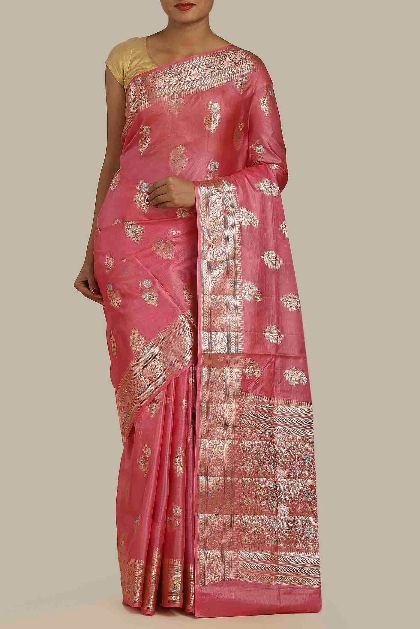 Coral Banarasi Tussar Silk Saree