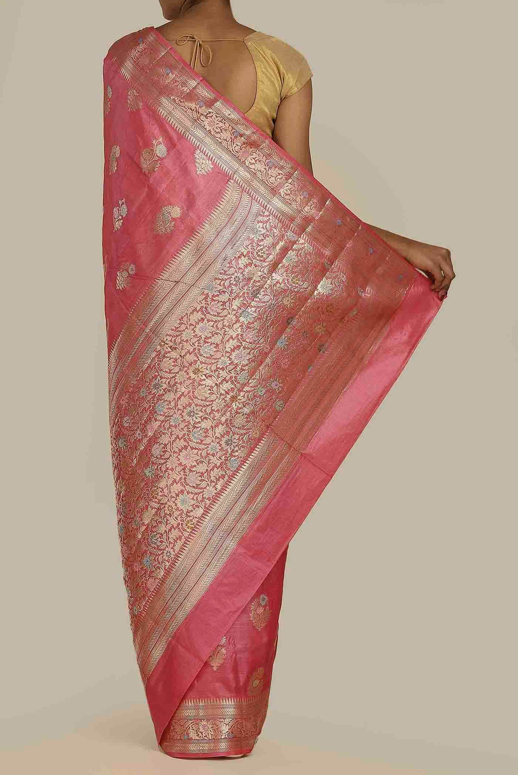 Coral Banarasi Tussar Silk Saree