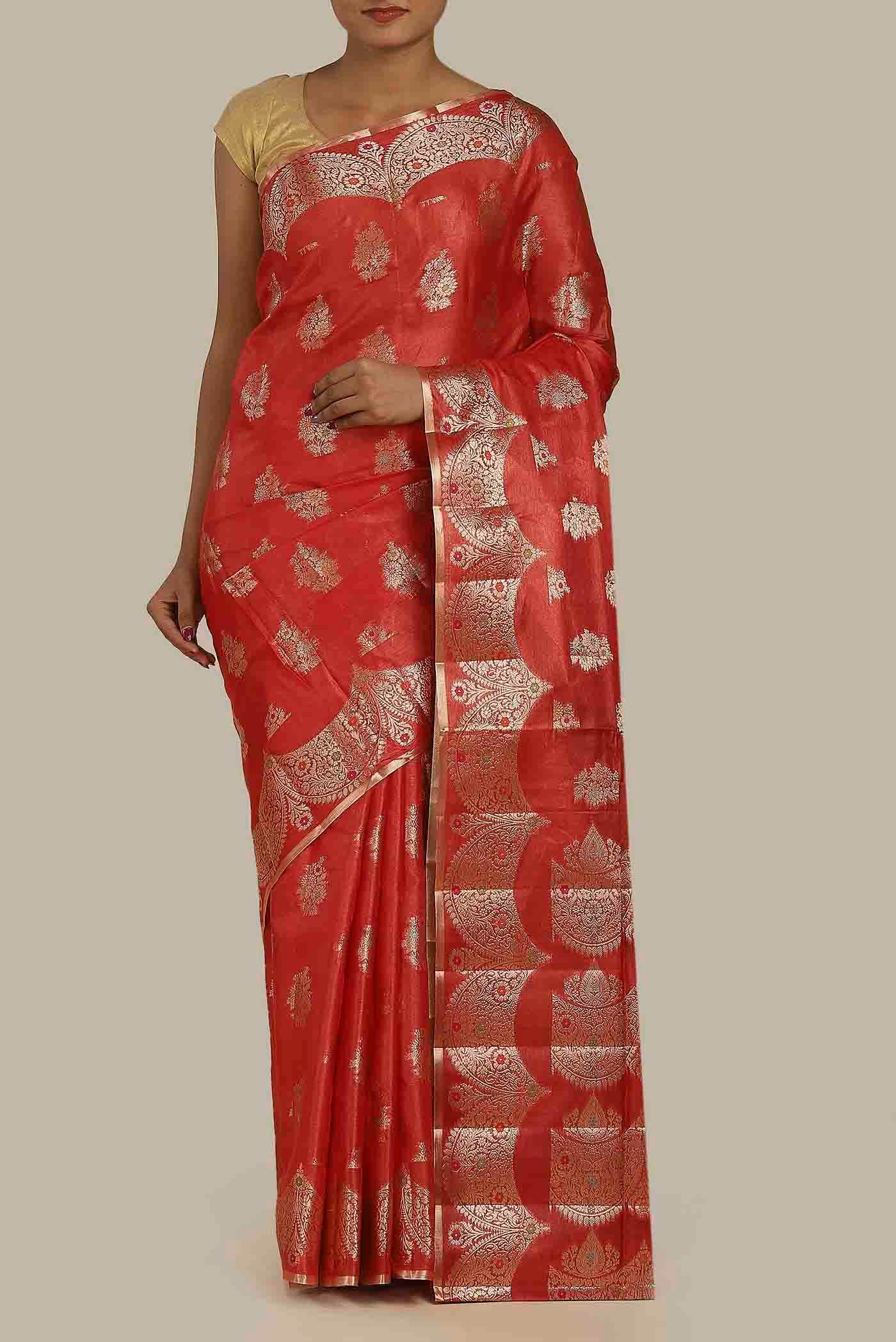 Red Banarasi Tussar Silk Saree
