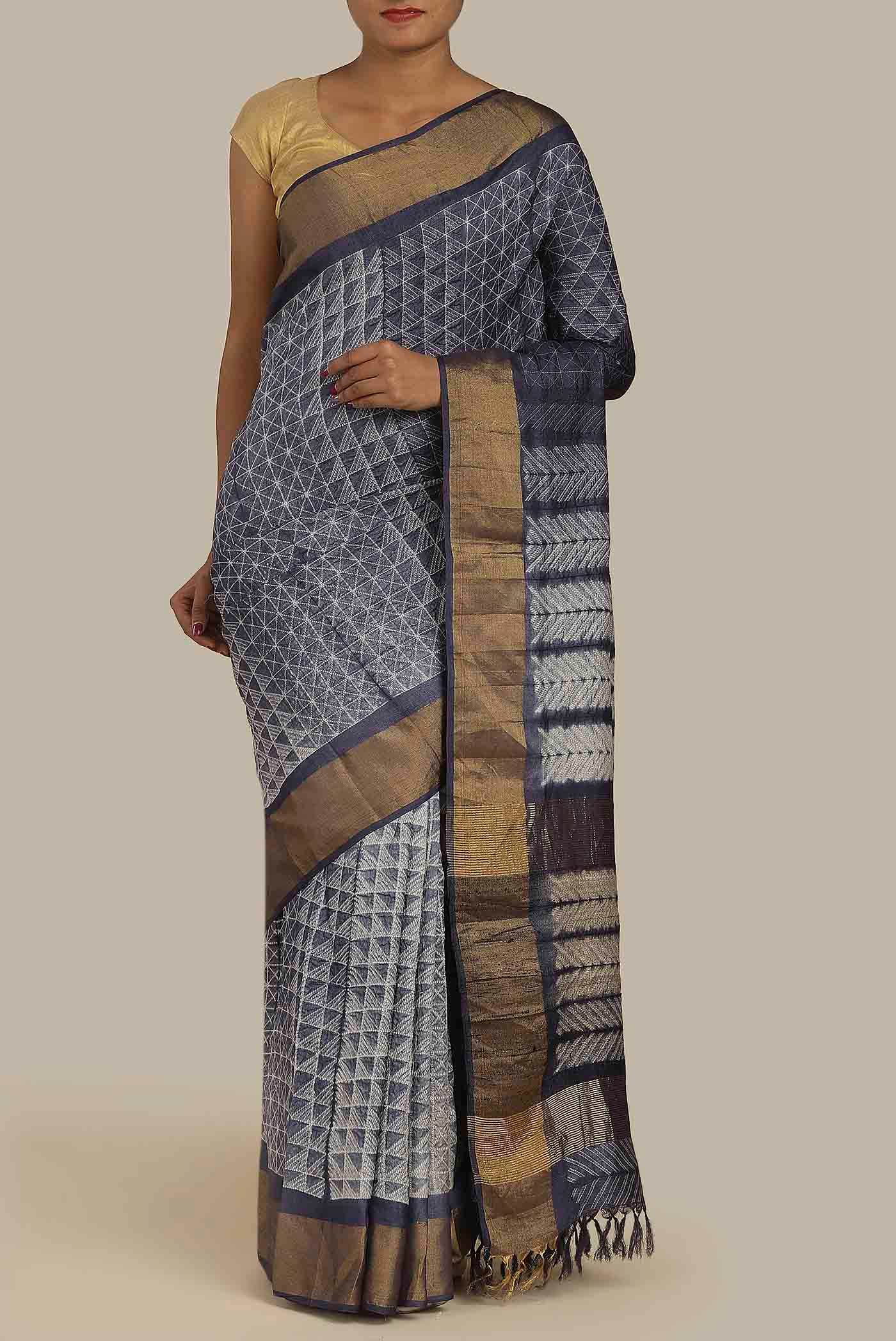 Grey Bhagalpuri Tussar Silk Saree