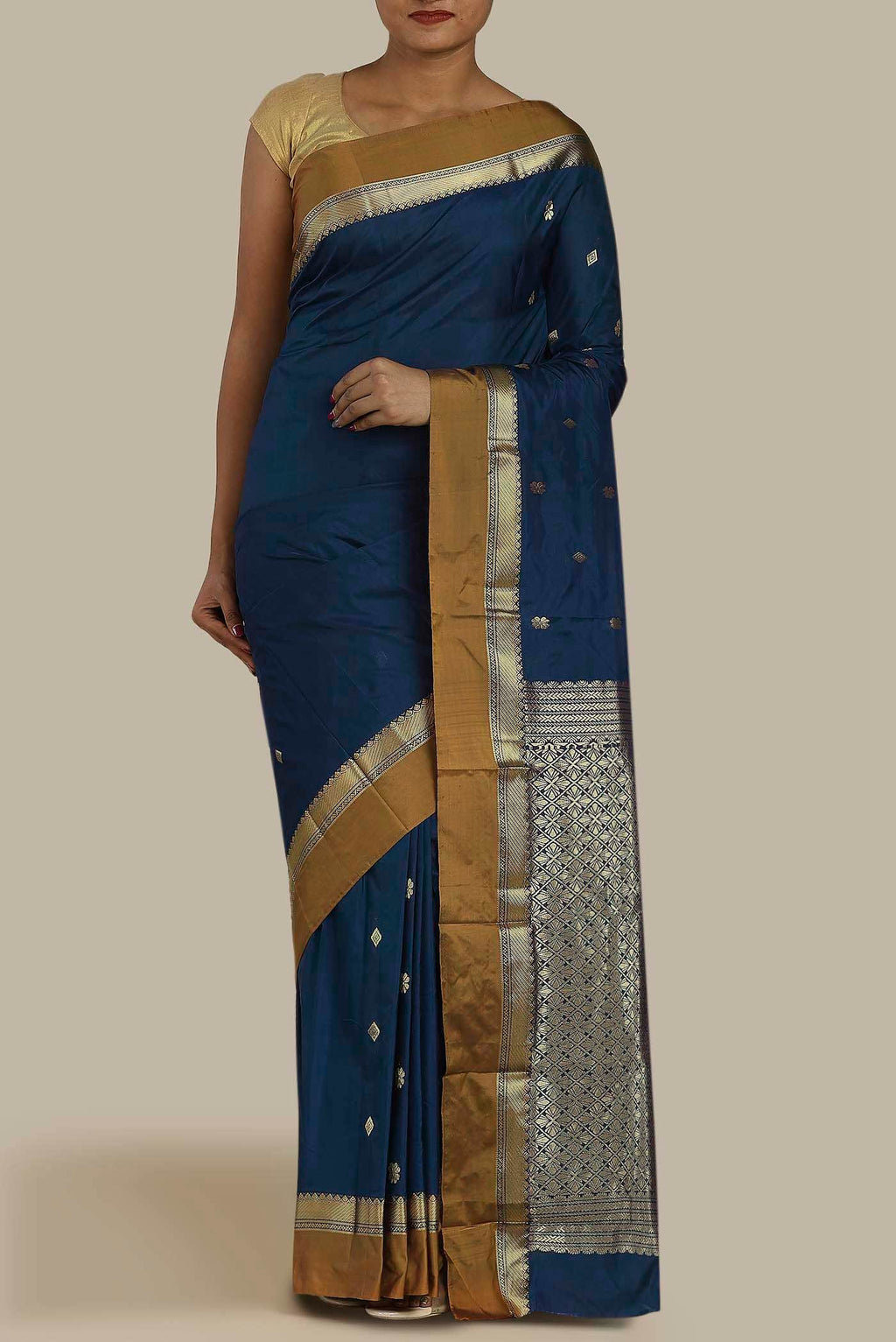 Blue Blended Printed Silk Saree