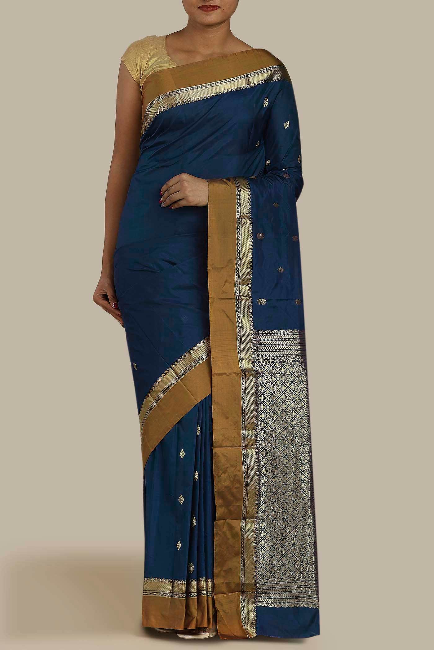 Blue Blended Printed Silk Saree