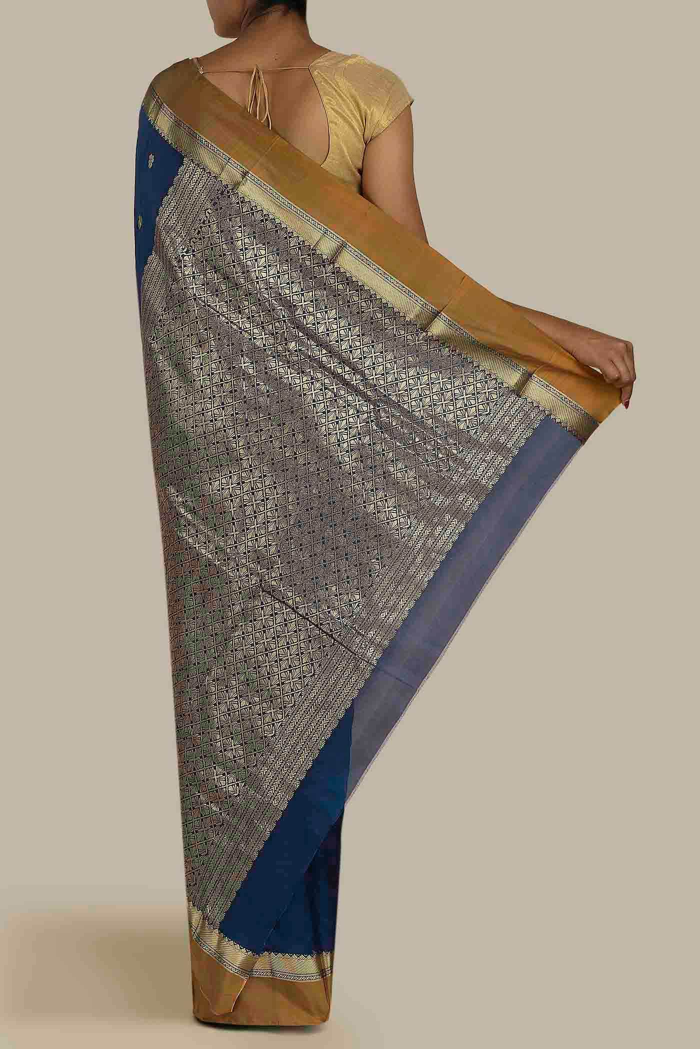 Blue Blended Printed Silk Saree
