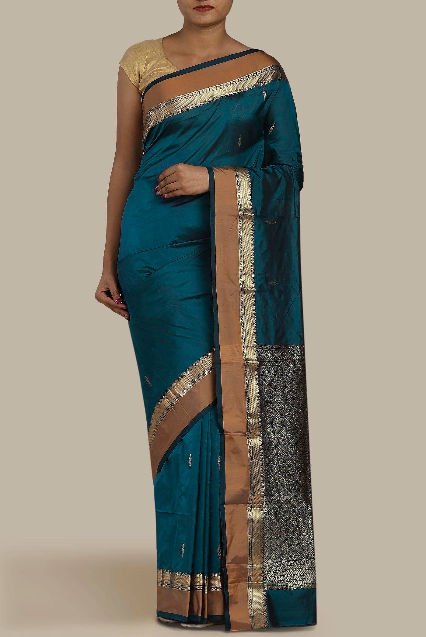 Blue Blended Printed Silk Saree