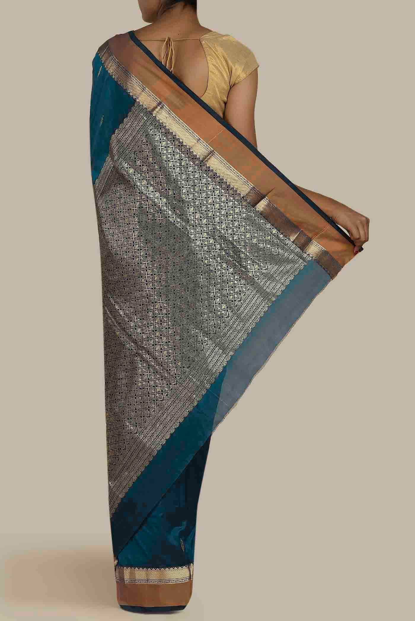 Blue Blended Printed Silk Saree