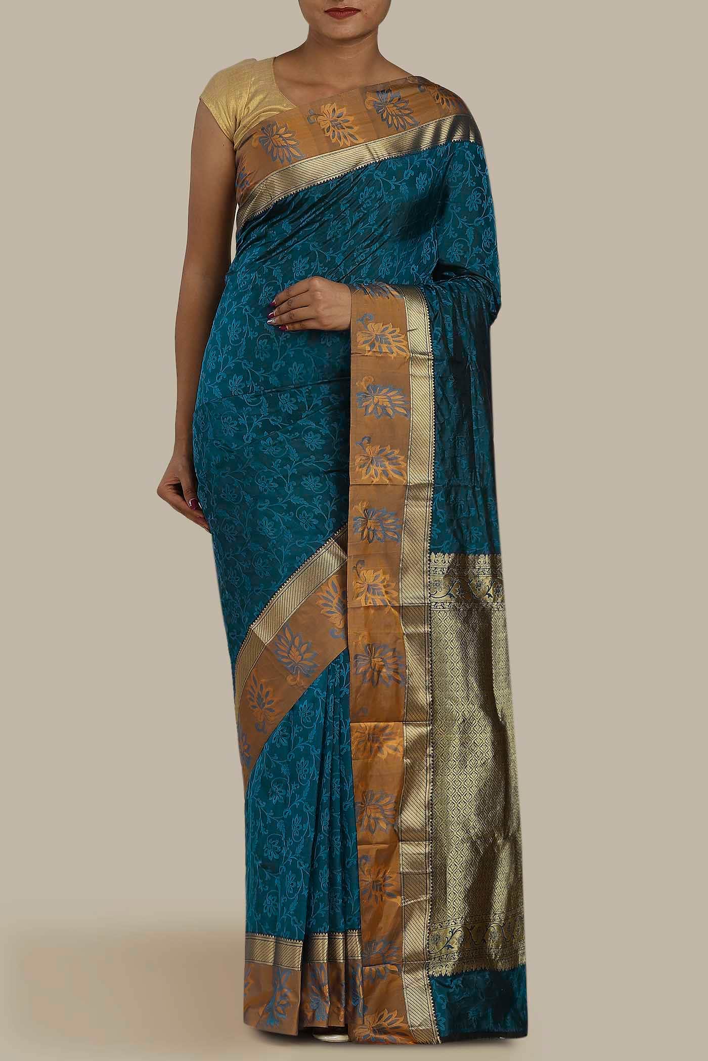 Blue Blended Printed Silk Saree