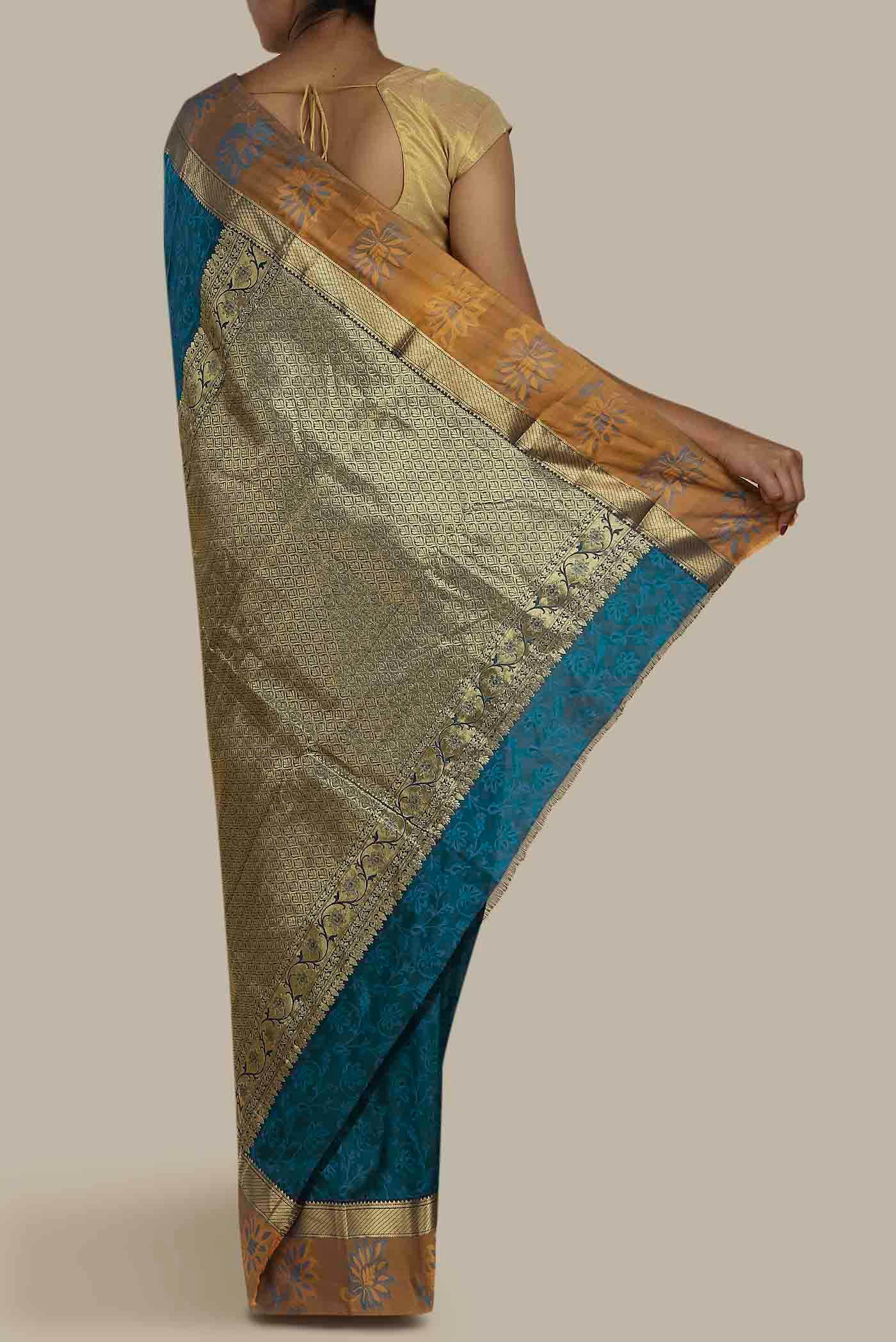 Blue Blended Printed Silk Saree