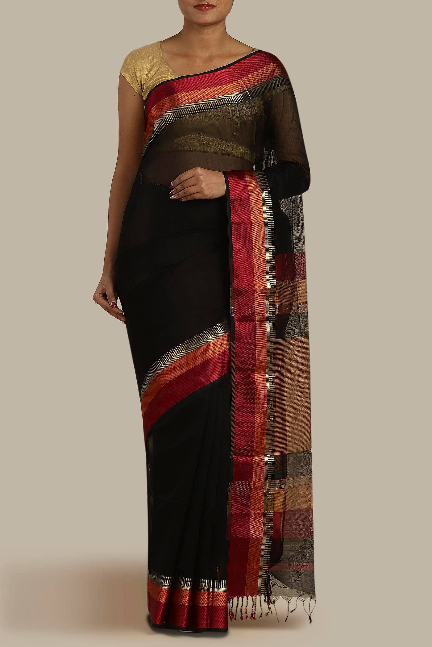 Black Maheshwari Silk Cotton Saree