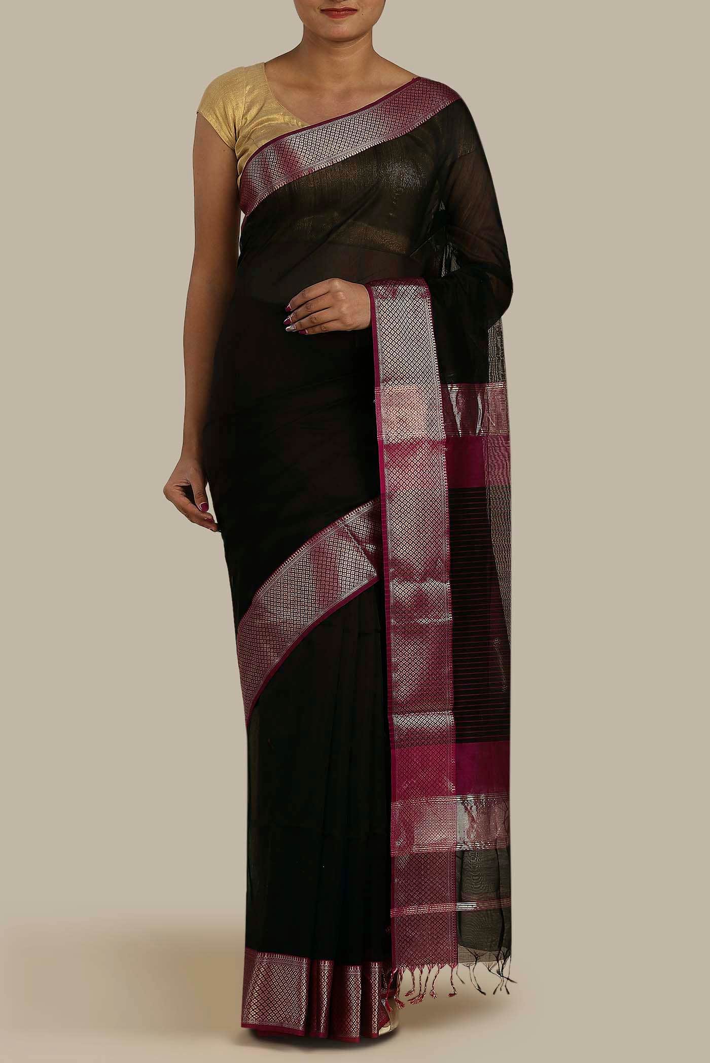 Black Maheshwari Silk Cotton Saree