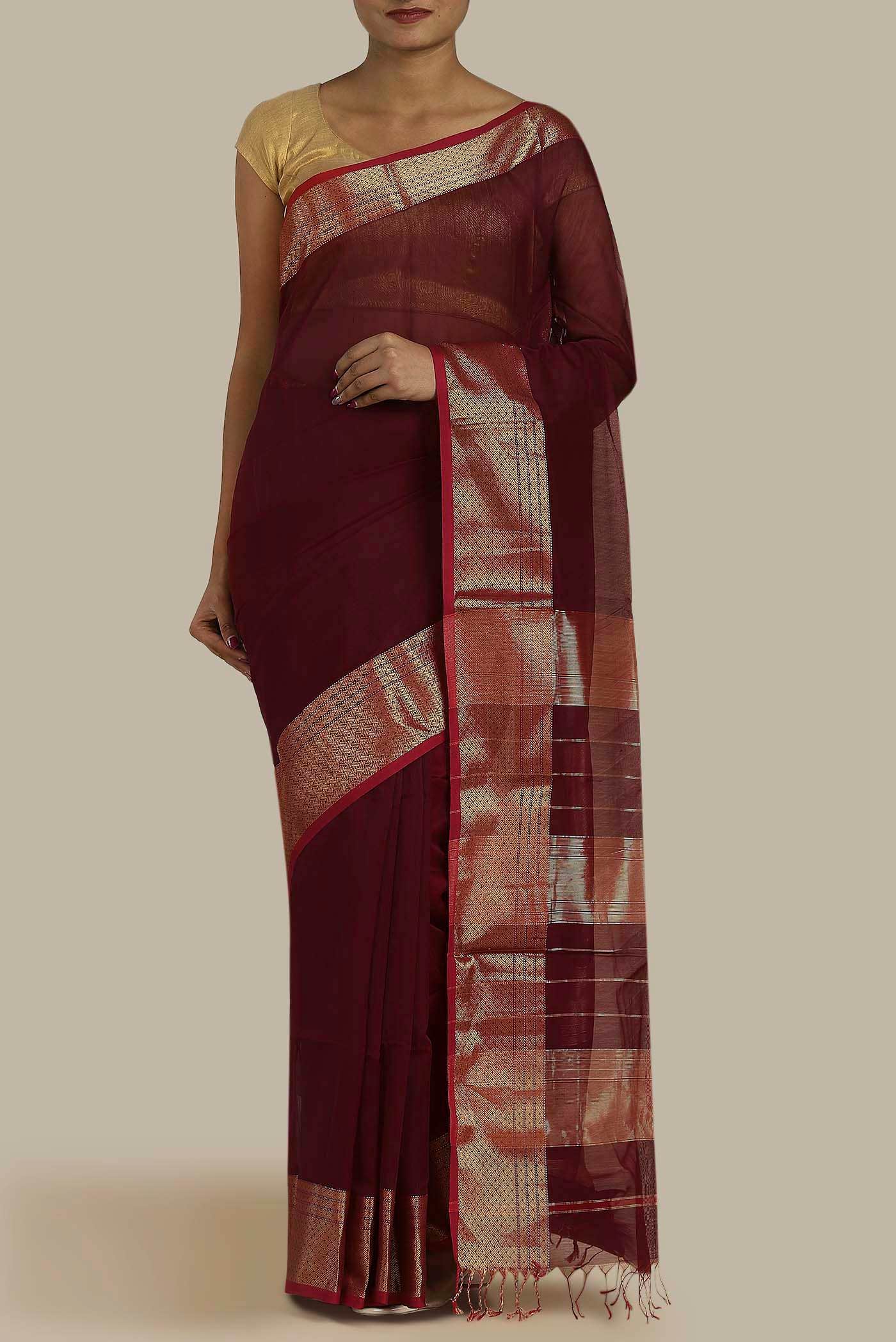 Maroon Maheshwari Silk Cotton Saree