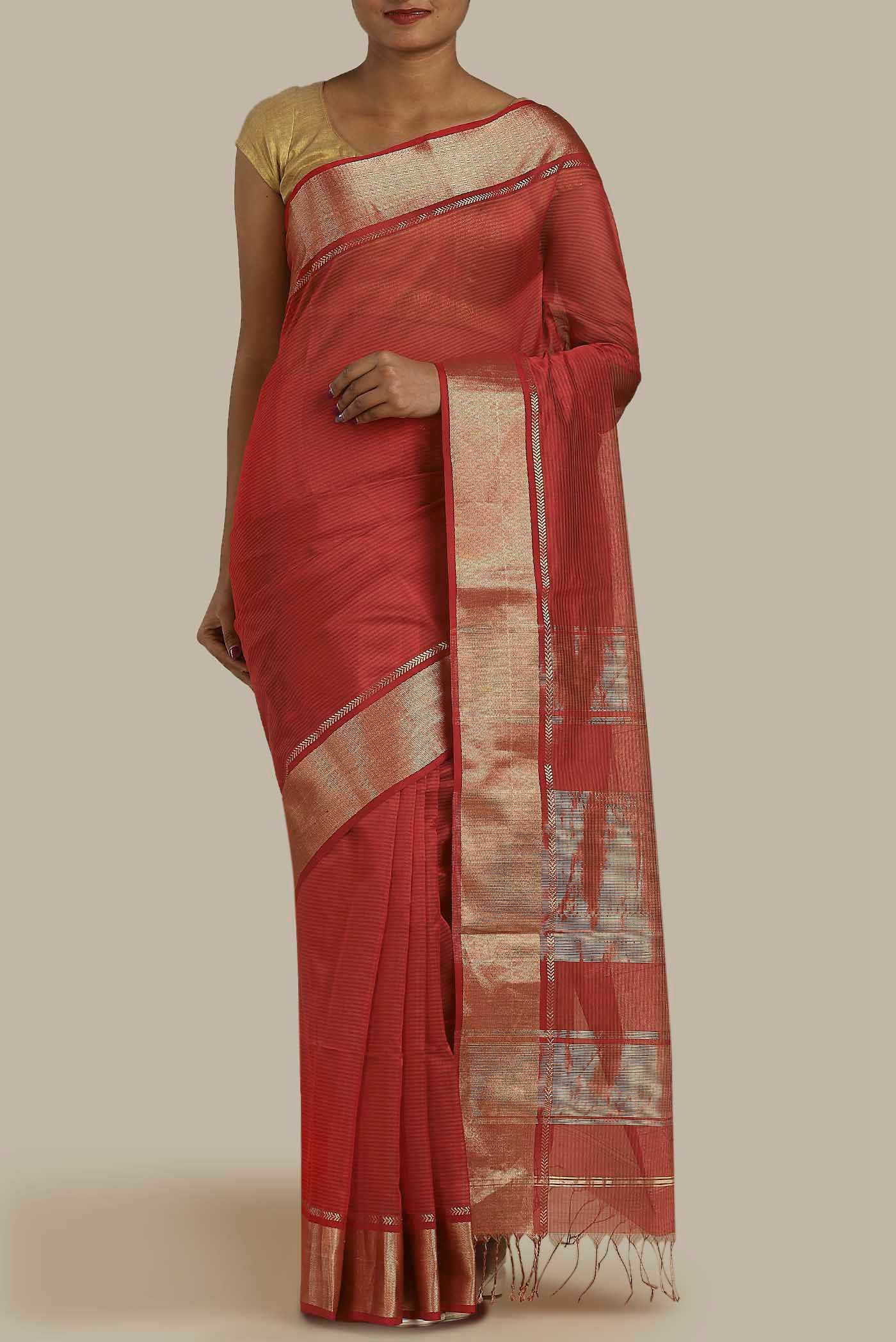 Red Maheshwari Silk Cotton Saree