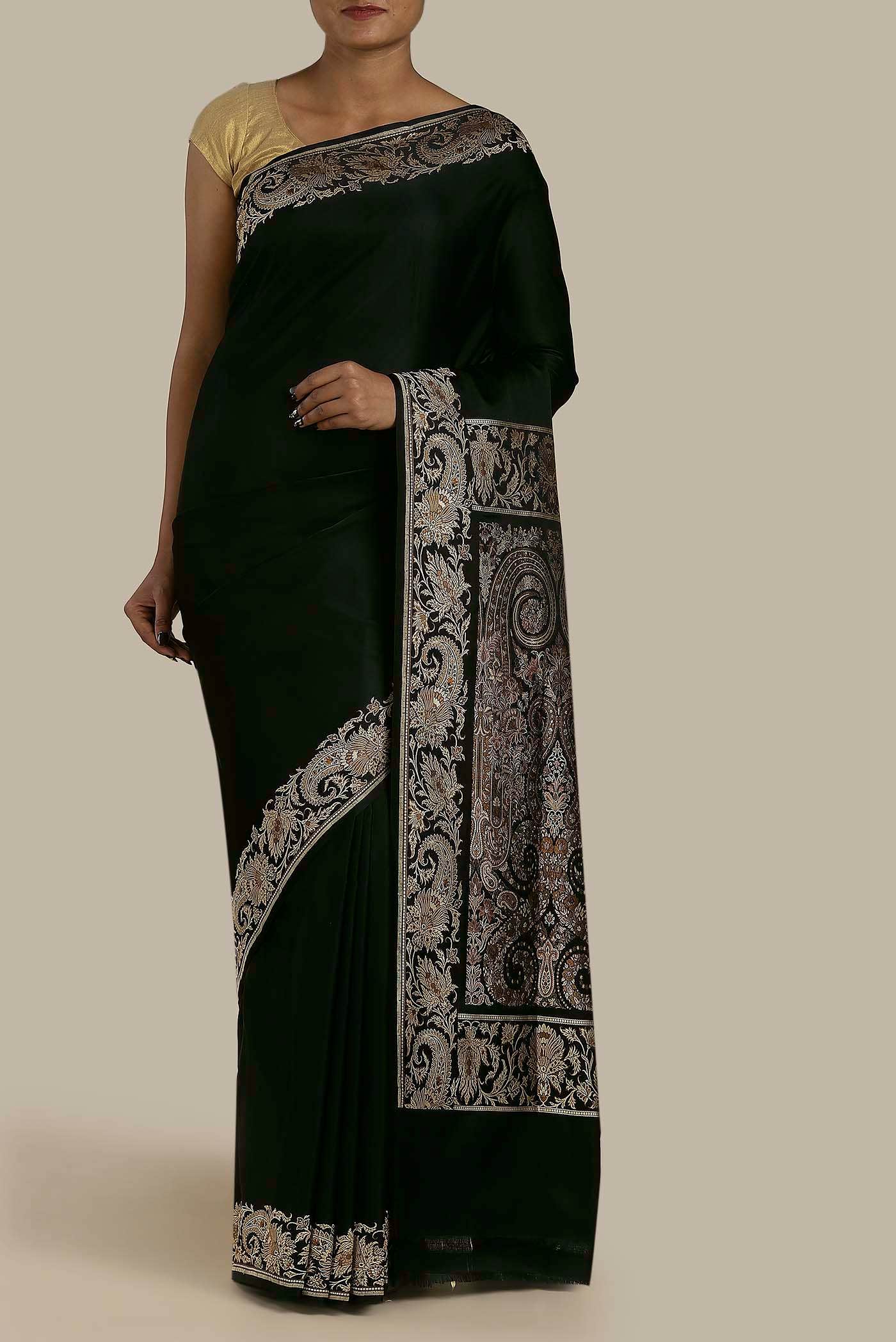 Black Banarasi Tanchoi Silk Saree