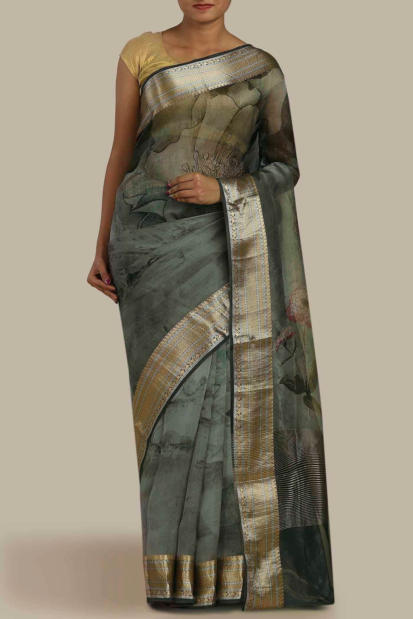 Grey Organza Silk Saree