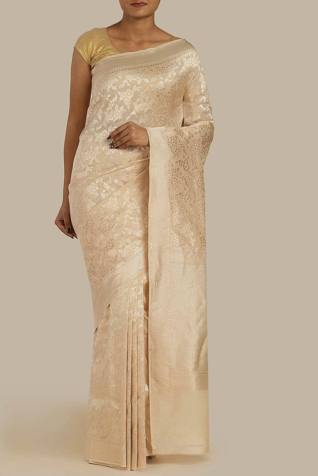 Cream Banarasi Silk Saree
