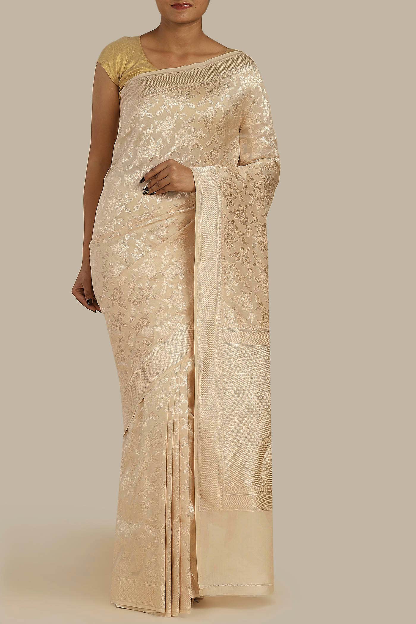 Cream Banarasi Silk Saree