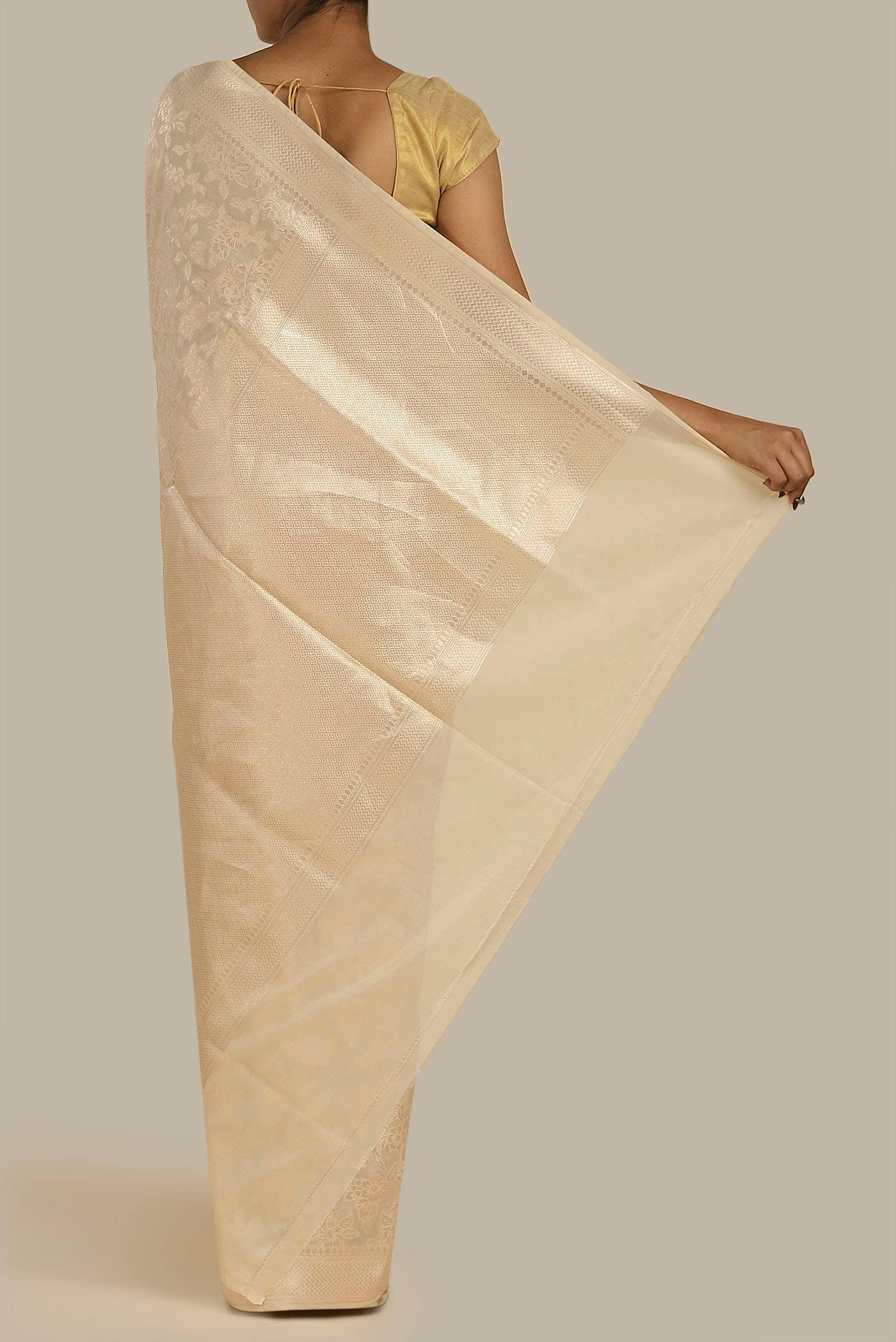 Cream Banarasi Silk Saree
