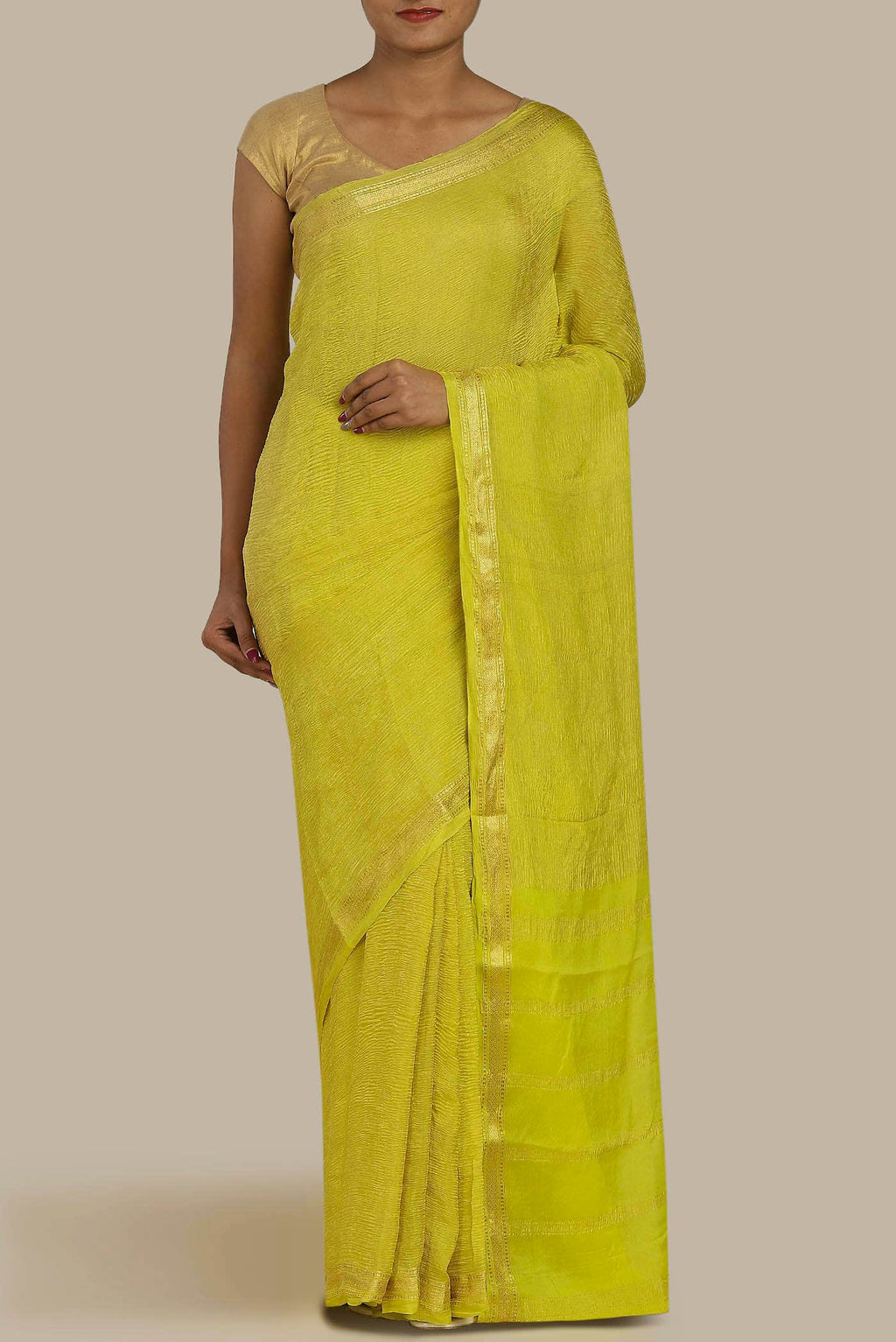Yellow Mysore Crepe Saree