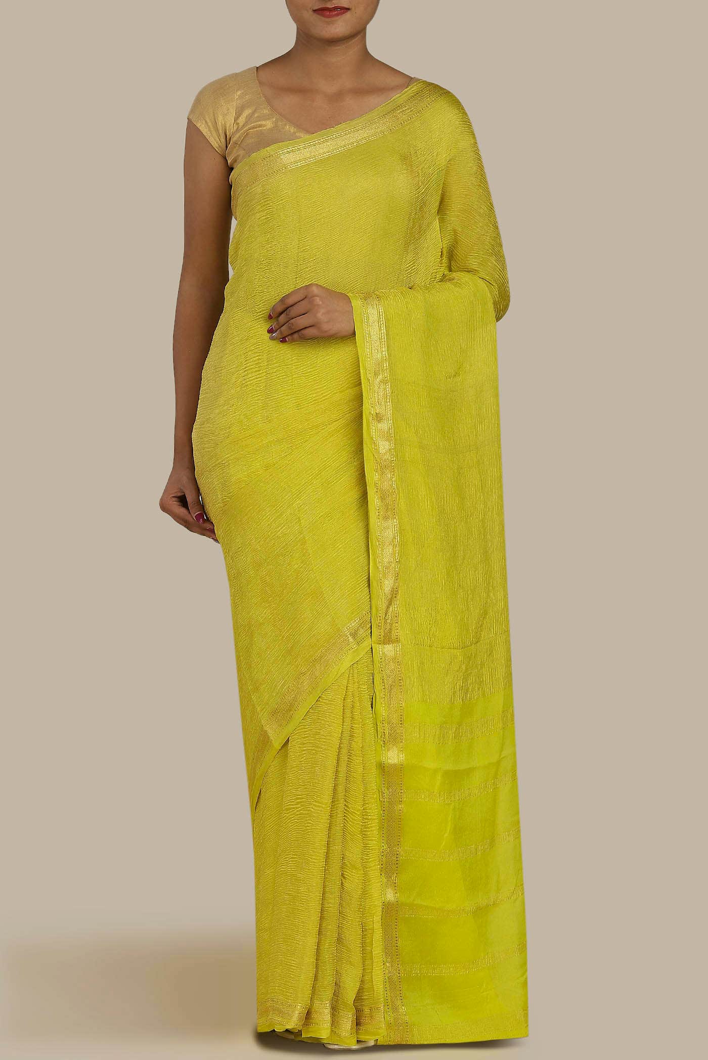 Yellow Mysore Crepe Saree